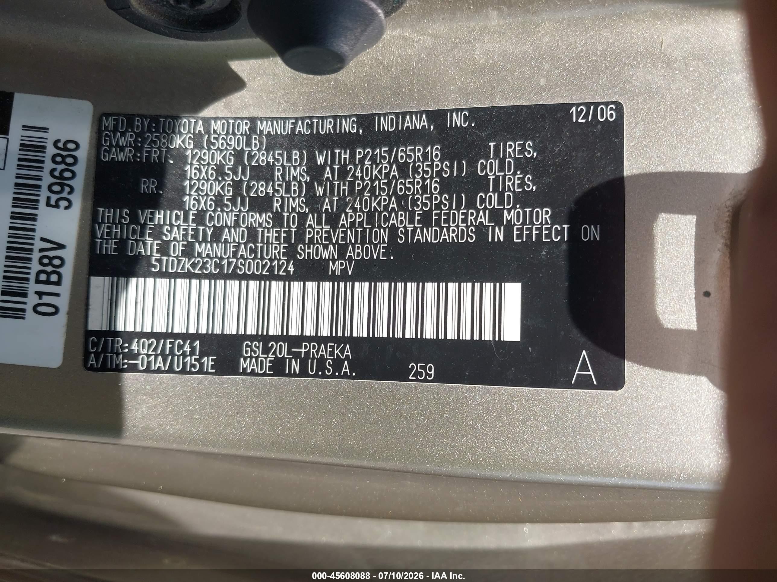 2007 Toyota Sienna Le Золотой vin: 5TDZK23C17S002124