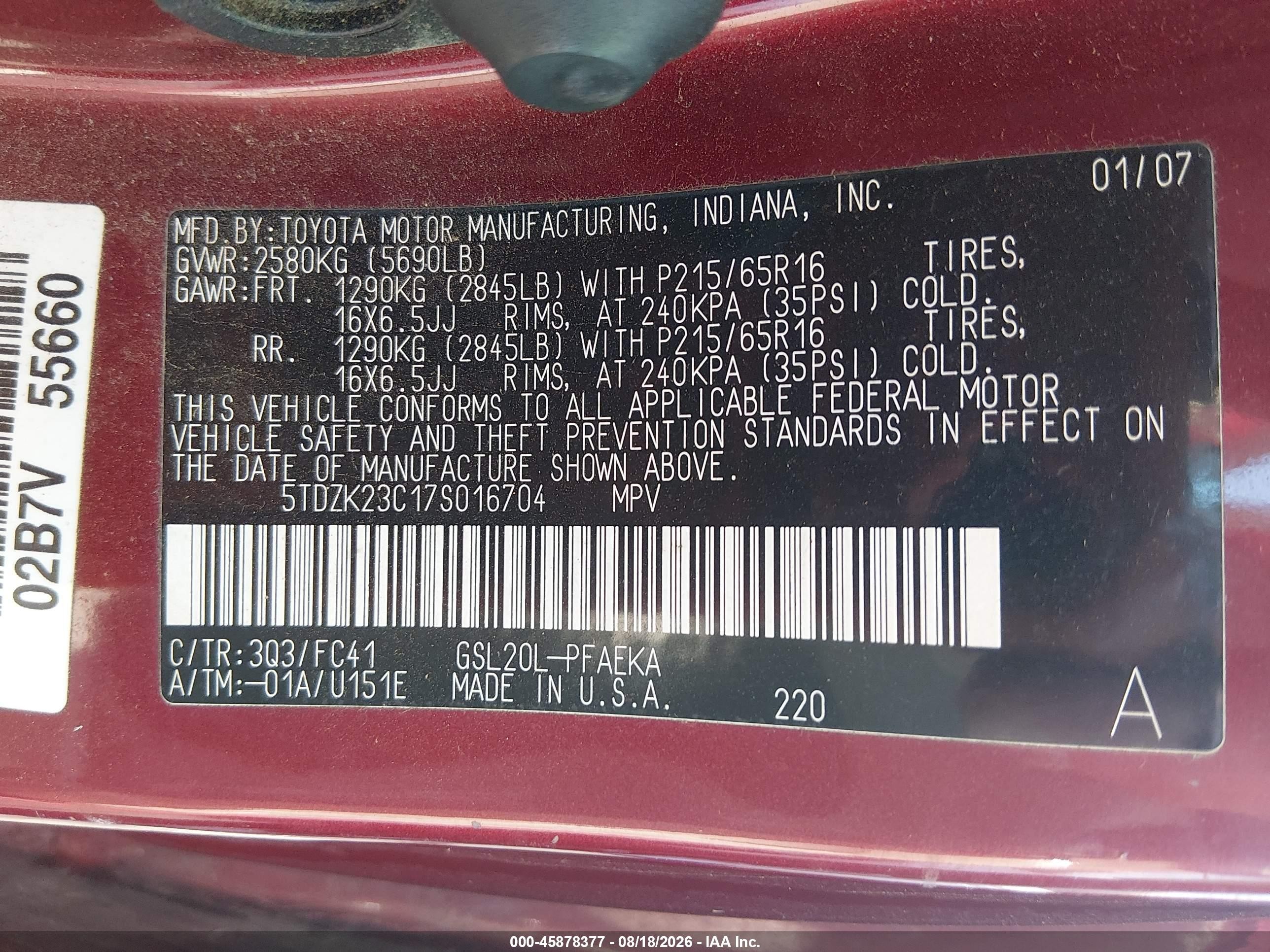 2007 Toyota Sienna Le Maroon vin: 5TDZK23C17S016704