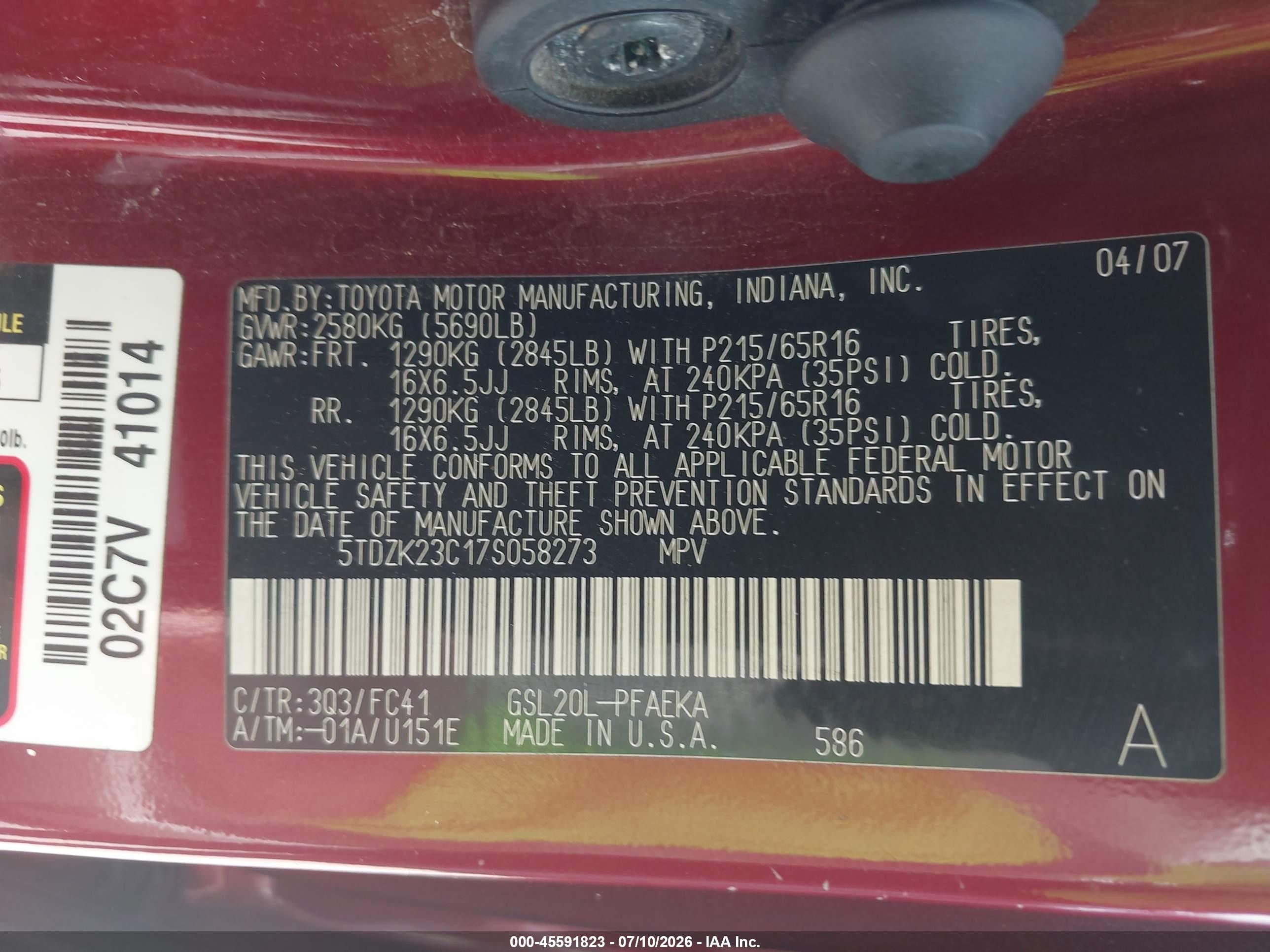2007 Toyota Sienna Le Maroon vin: 5TDZK23C17S058273