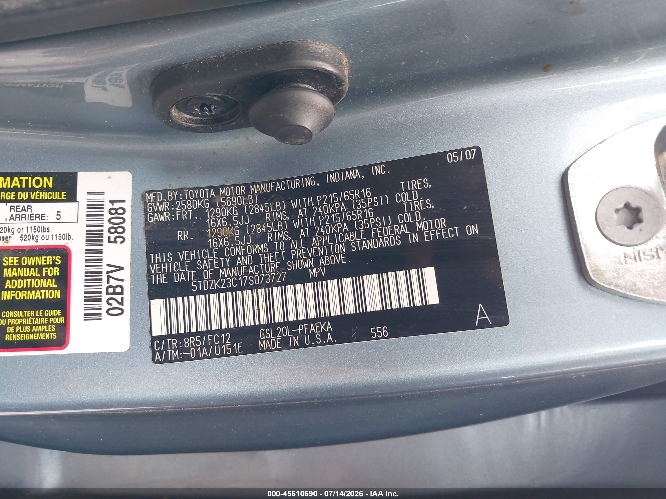 2007 Toyota Sienna Le Light Blue vin: 5TDZK23C17S073727
