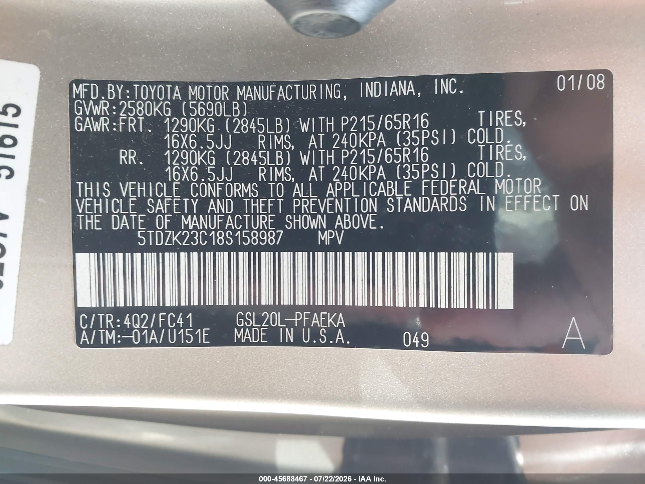2008 Toyota Sienna Le Champagne vin: 5TDZK23C18S158987