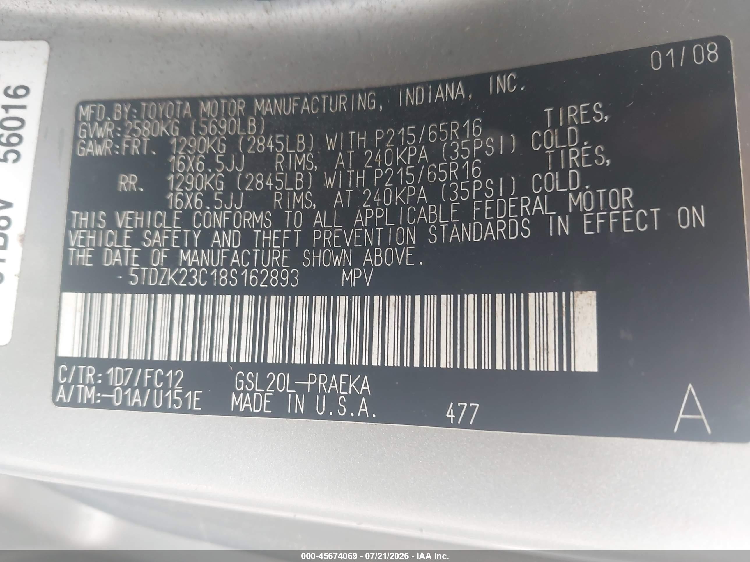 2008 Toyota Sienna Le Beige vin: 5TDZK23C18S162893