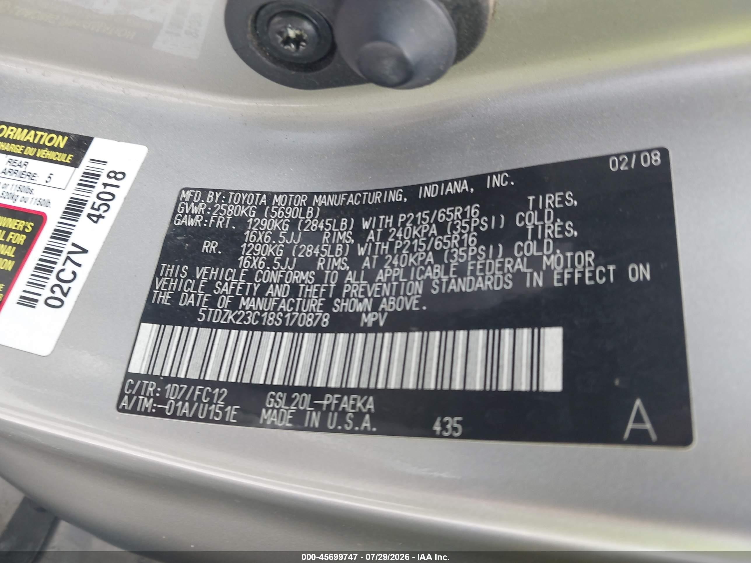 2008 Toyota Sienna Le Silver vin: 5TDZK23C18S170878