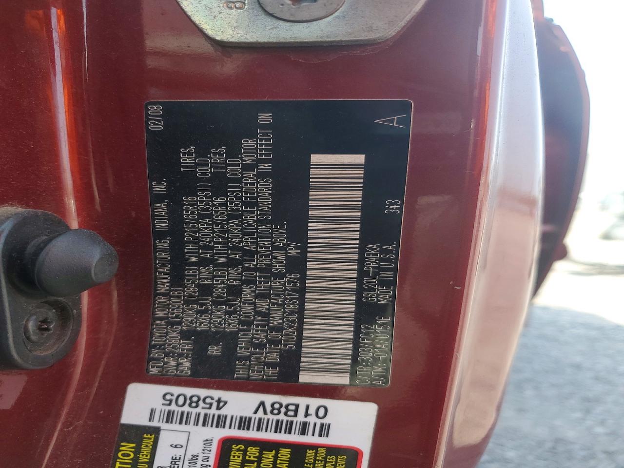2008 Toyota Sienna Le 8-passenger Burgundy vin: 5TDZK23C18S171576