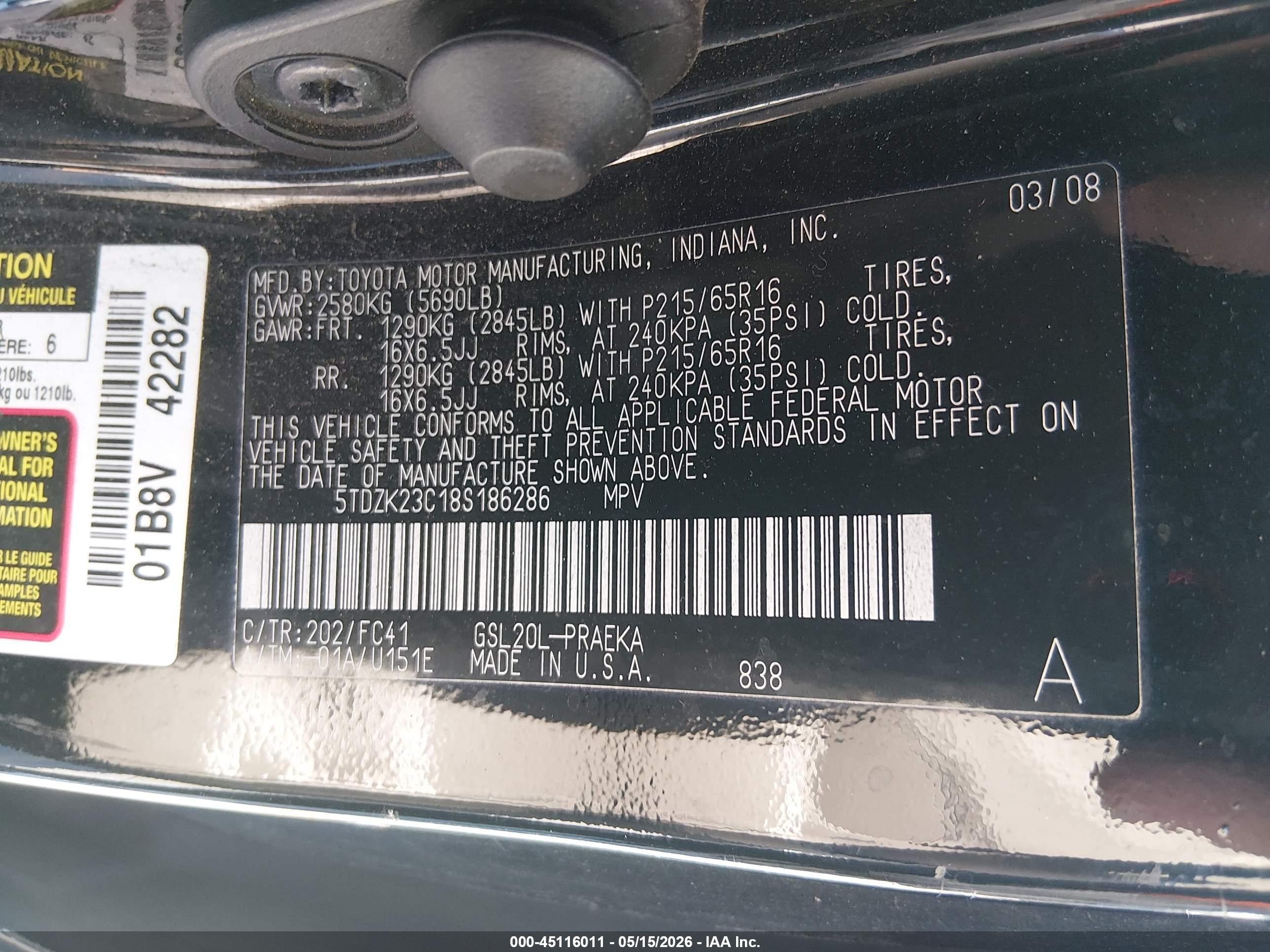 2008 Toyota Sienna Le Black vin: 5TDZK23C18S186286