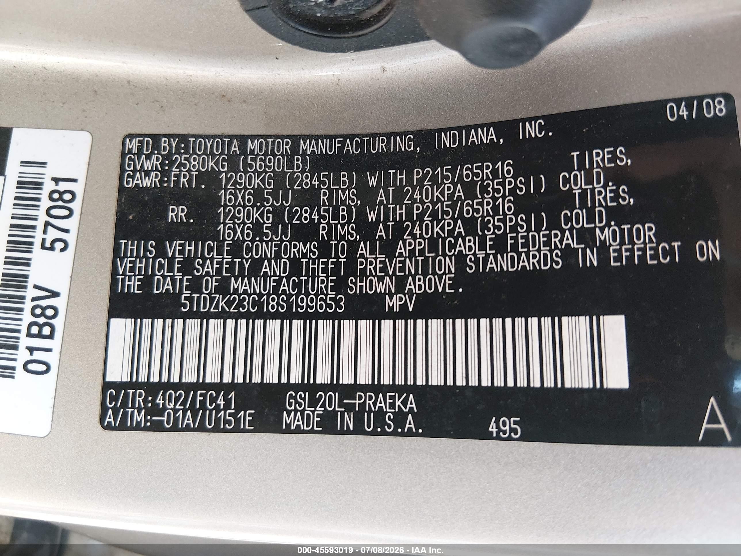 2008 Toyota Sienna Le Gold vin: 5TDZK23C18S199653