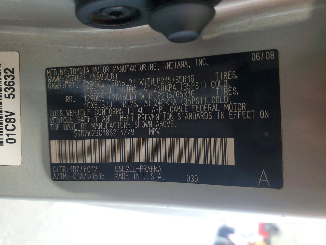 2008 Toyota Sienna Le 8-passenger Silver vin: 5TDZK23C18S214779
