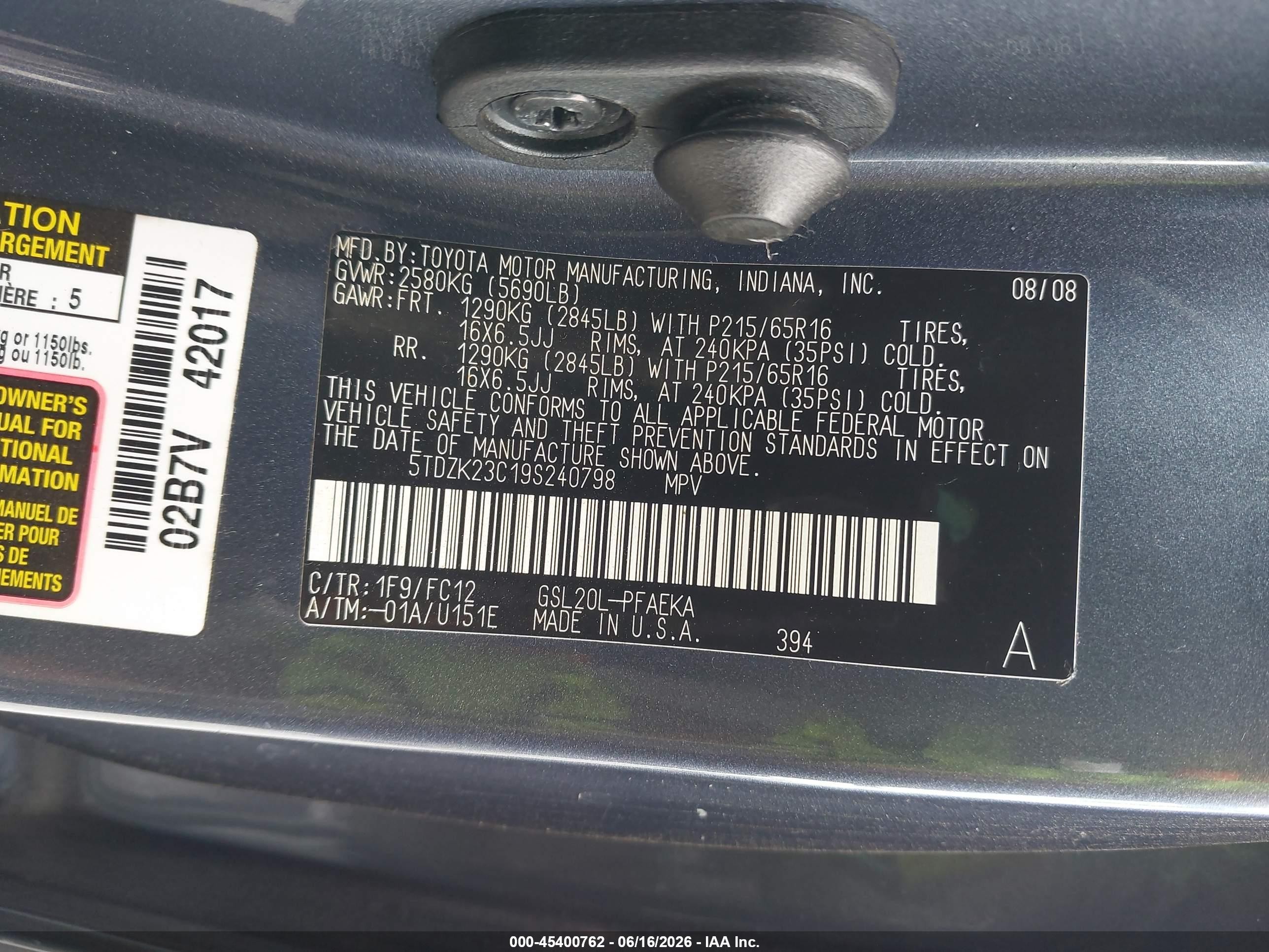 2009 Toyota Sienna Le Gray vin: 5TDZK23C19S240798