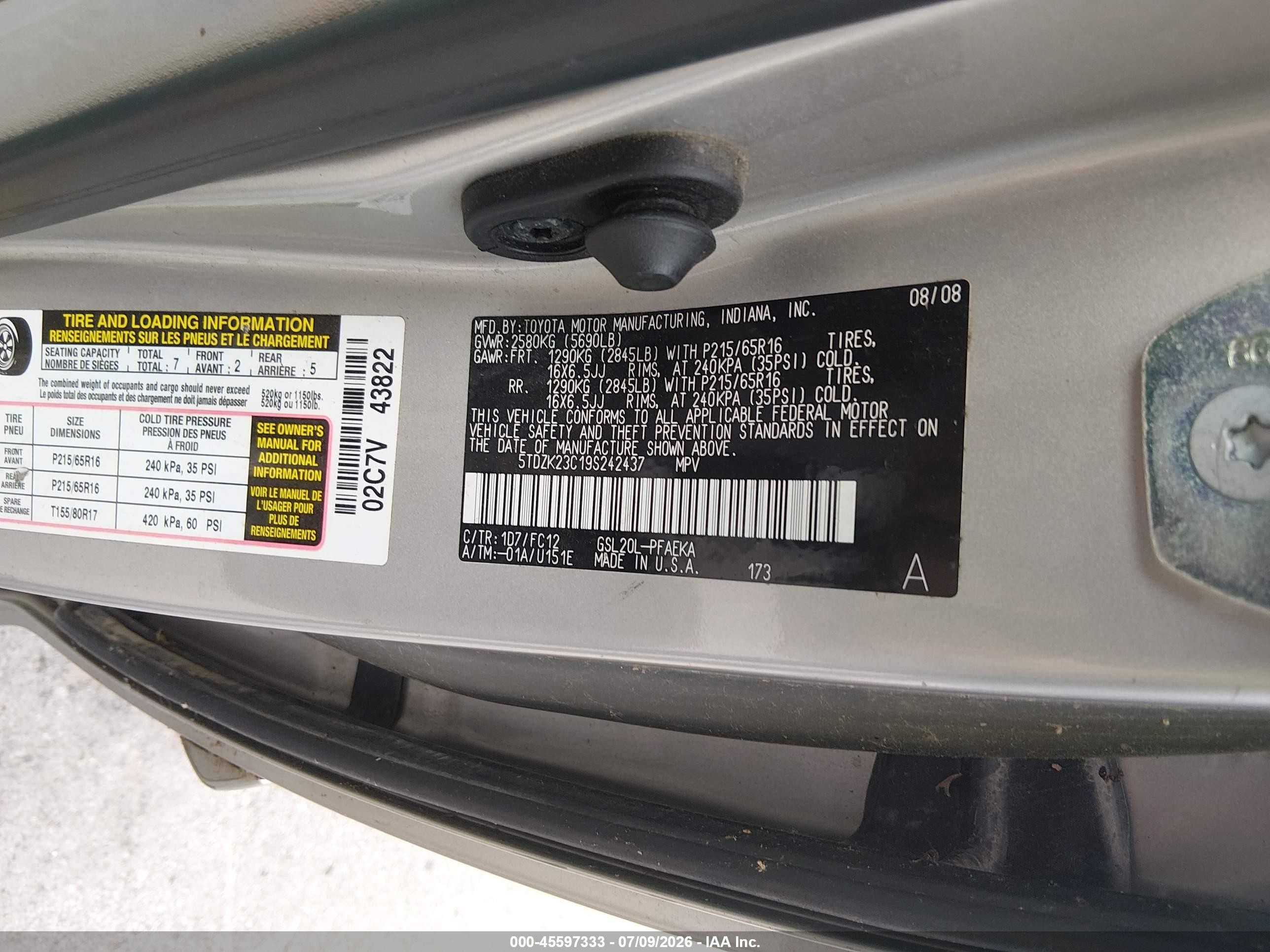 2009 Toyota Sienna Le Золотой vin: 5TDZK23C19S242437