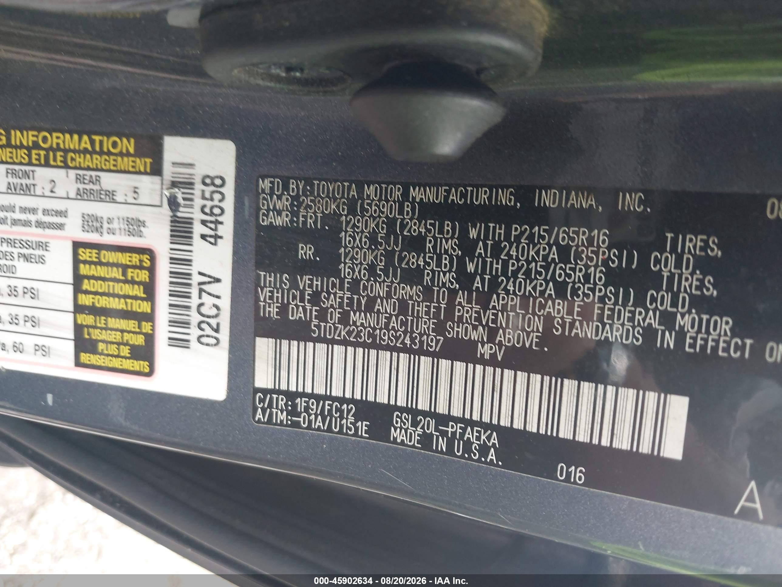 2009 Toyota Sienna Le Green vin: 5TDZK23C19S243197
