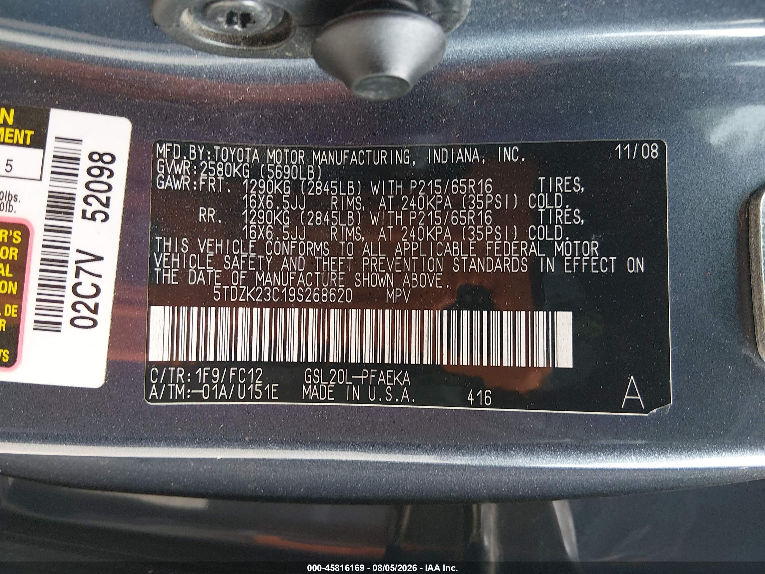 2009 Toyota Sienna Le Teal vin: 5TDZK23C19S268620