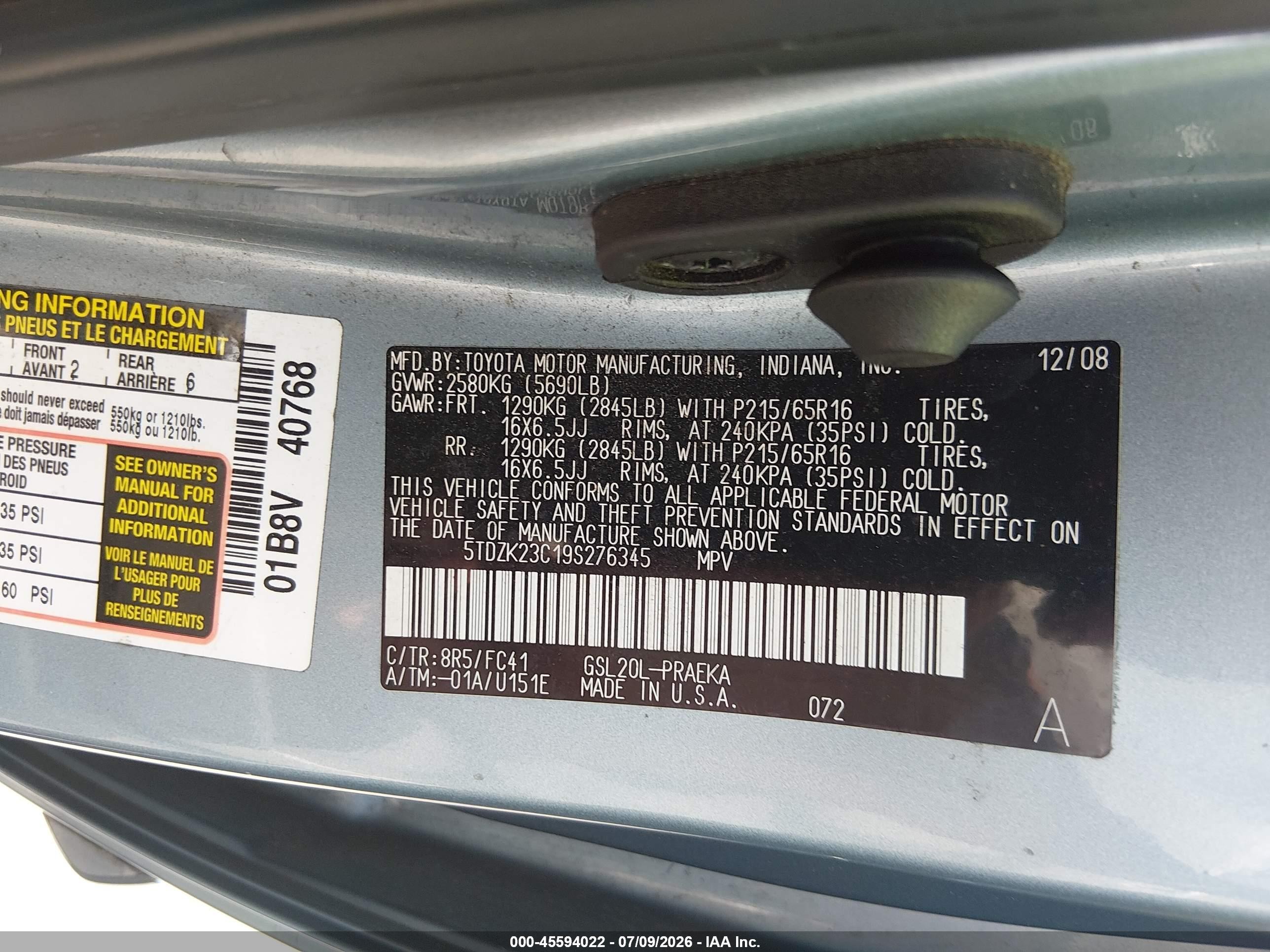 2009 Toyota Sienna Le Blue vin: 5TDZK23C19S276345
