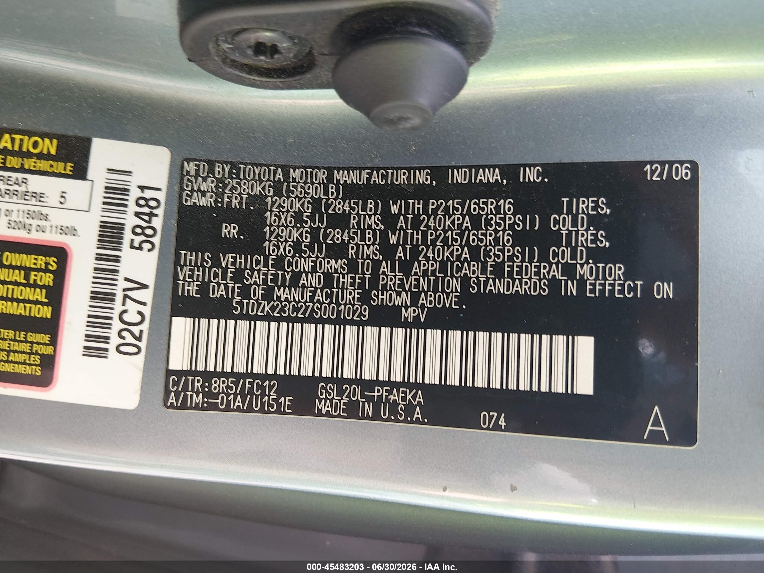 2007 Toyota Sienna Le Light Blue vin: 5TDZK23C27S001029