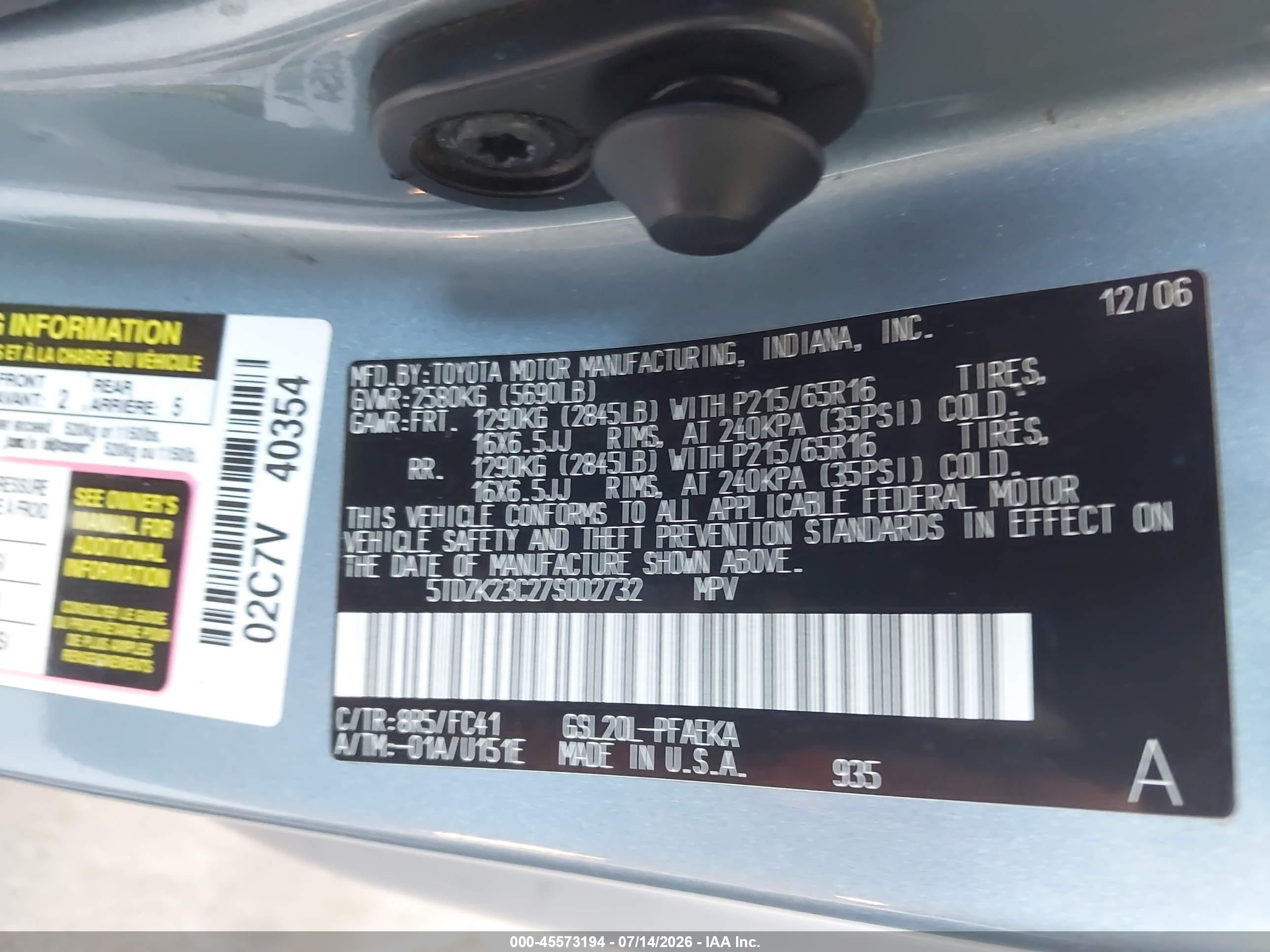 2007 Toyota Sienna Le Light Blue vin: 5TDZK23C27S002732