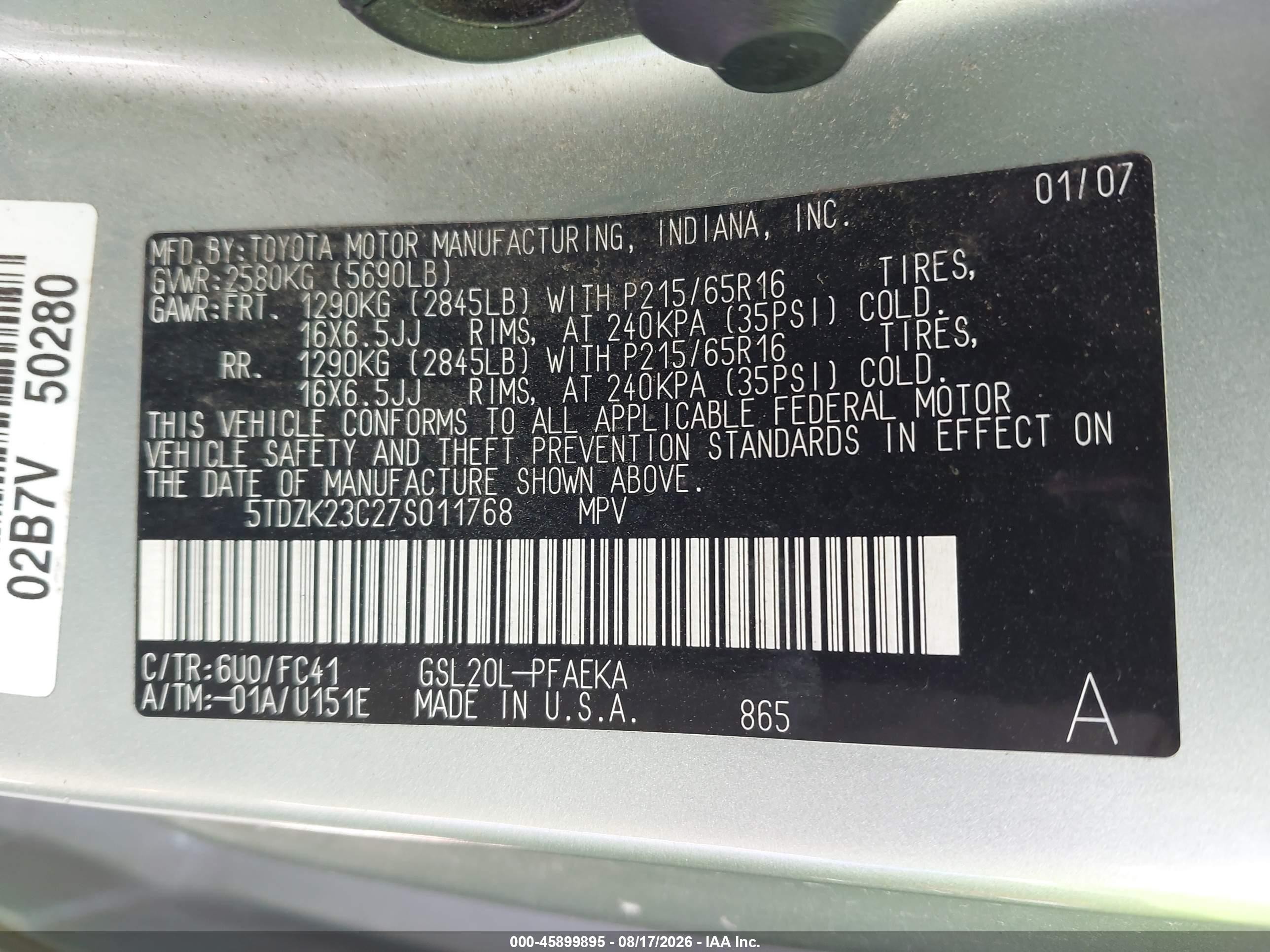 2007 Toyota Sienna Le Серебряный vin: 5TDZK23C27S011768