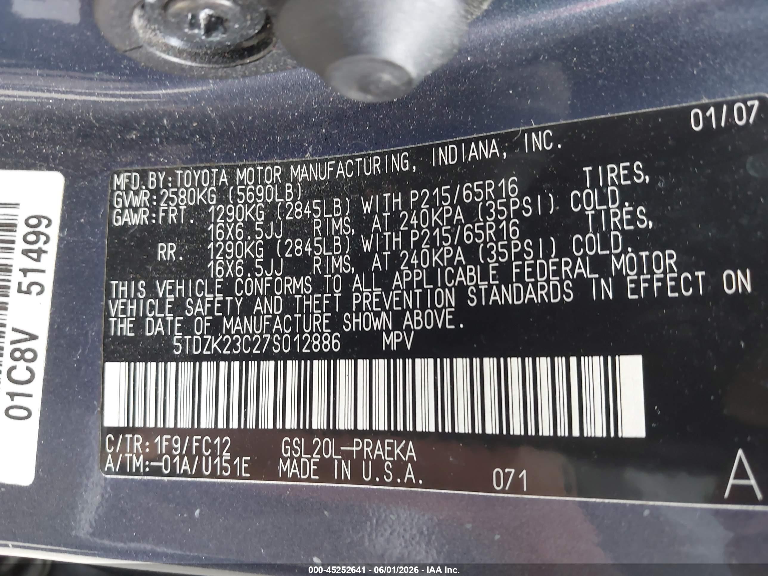 2007 Toyota Sienna Le Blue vin: 5TDZK23C27S012886
