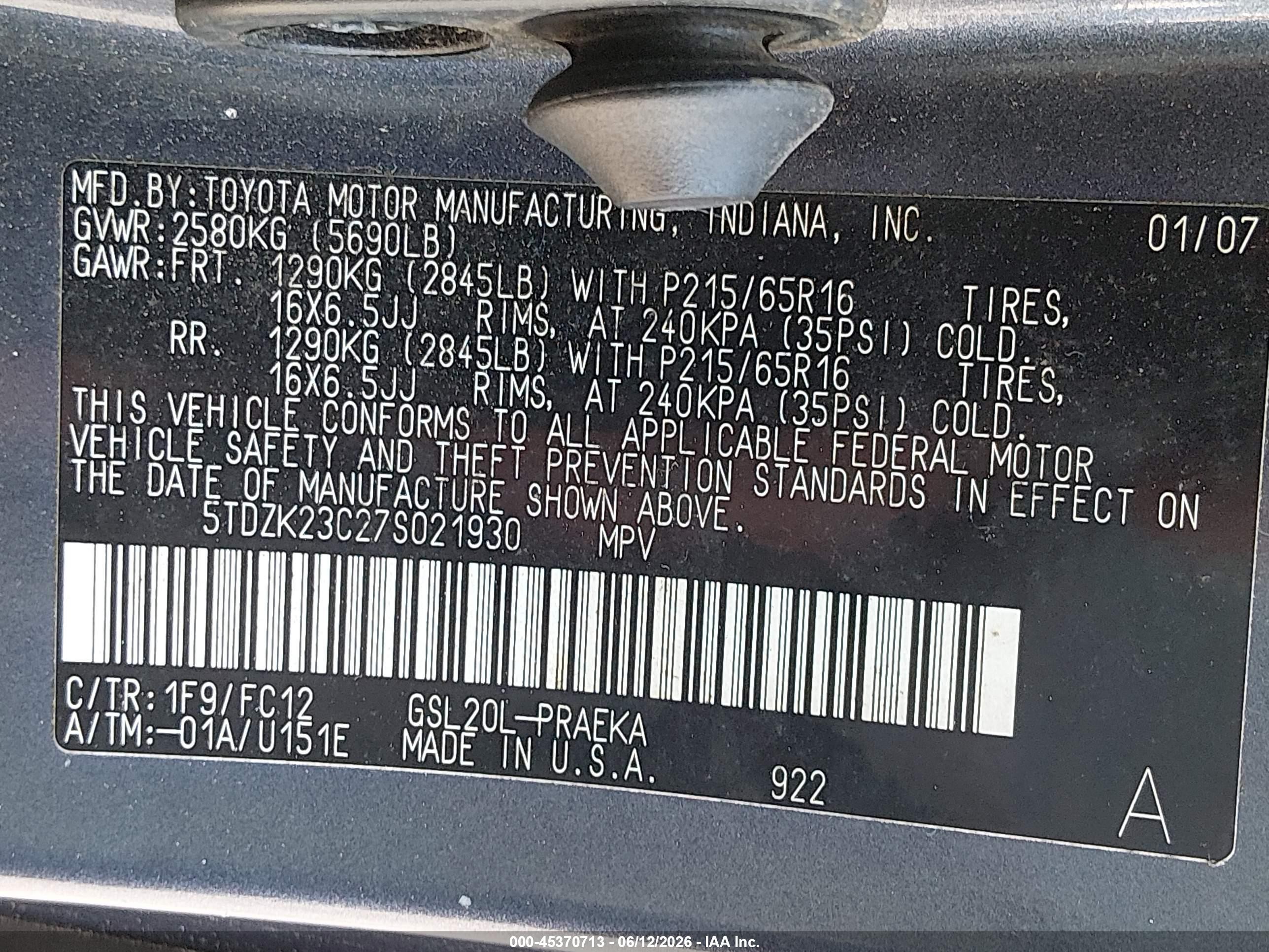 2007 Toyota Sienna Le Зеленый vin: 5TDZK23C27S021930