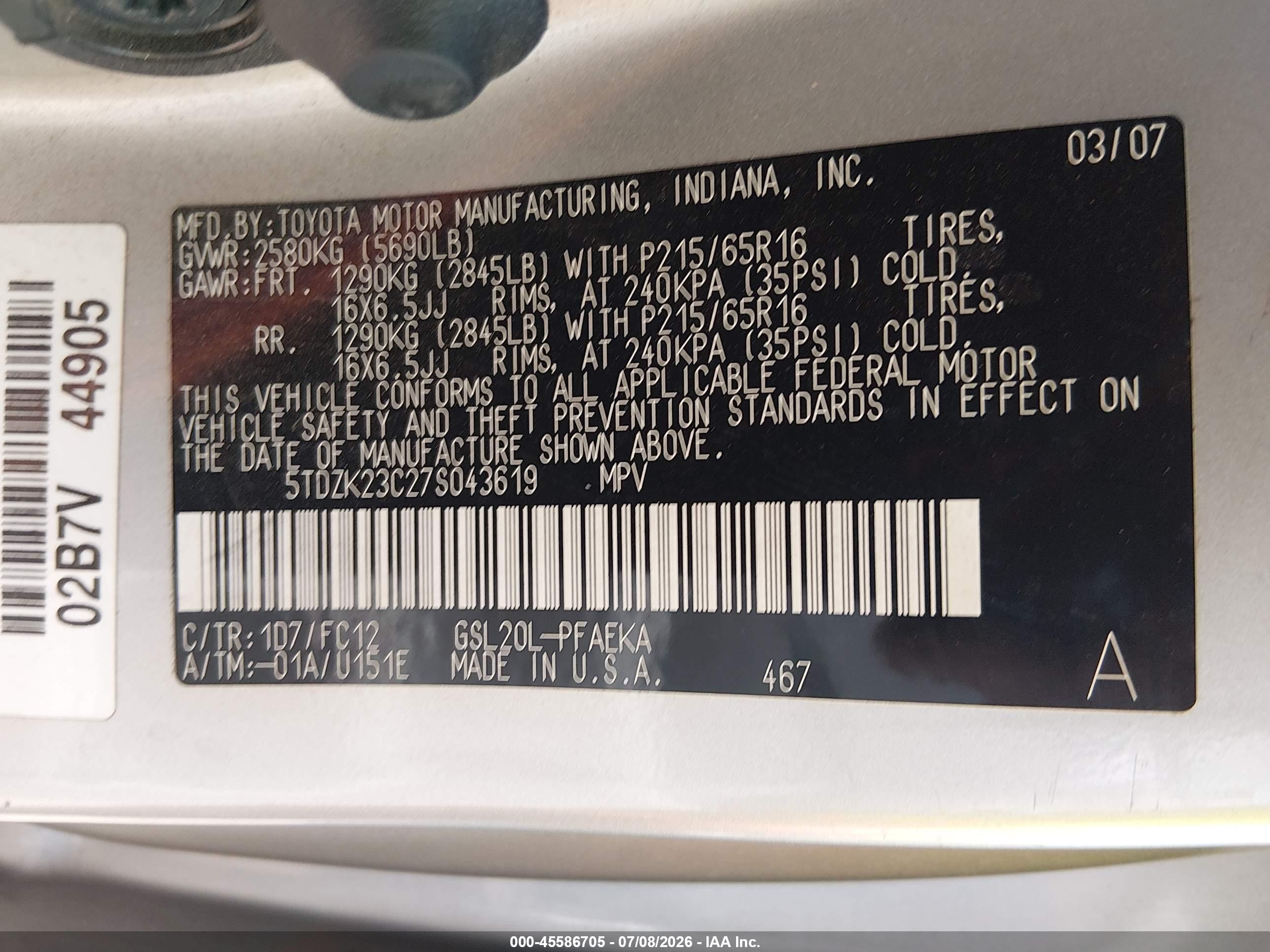 2007 Toyota Sienna Le Silver vin: 5TDZK23C27S043619