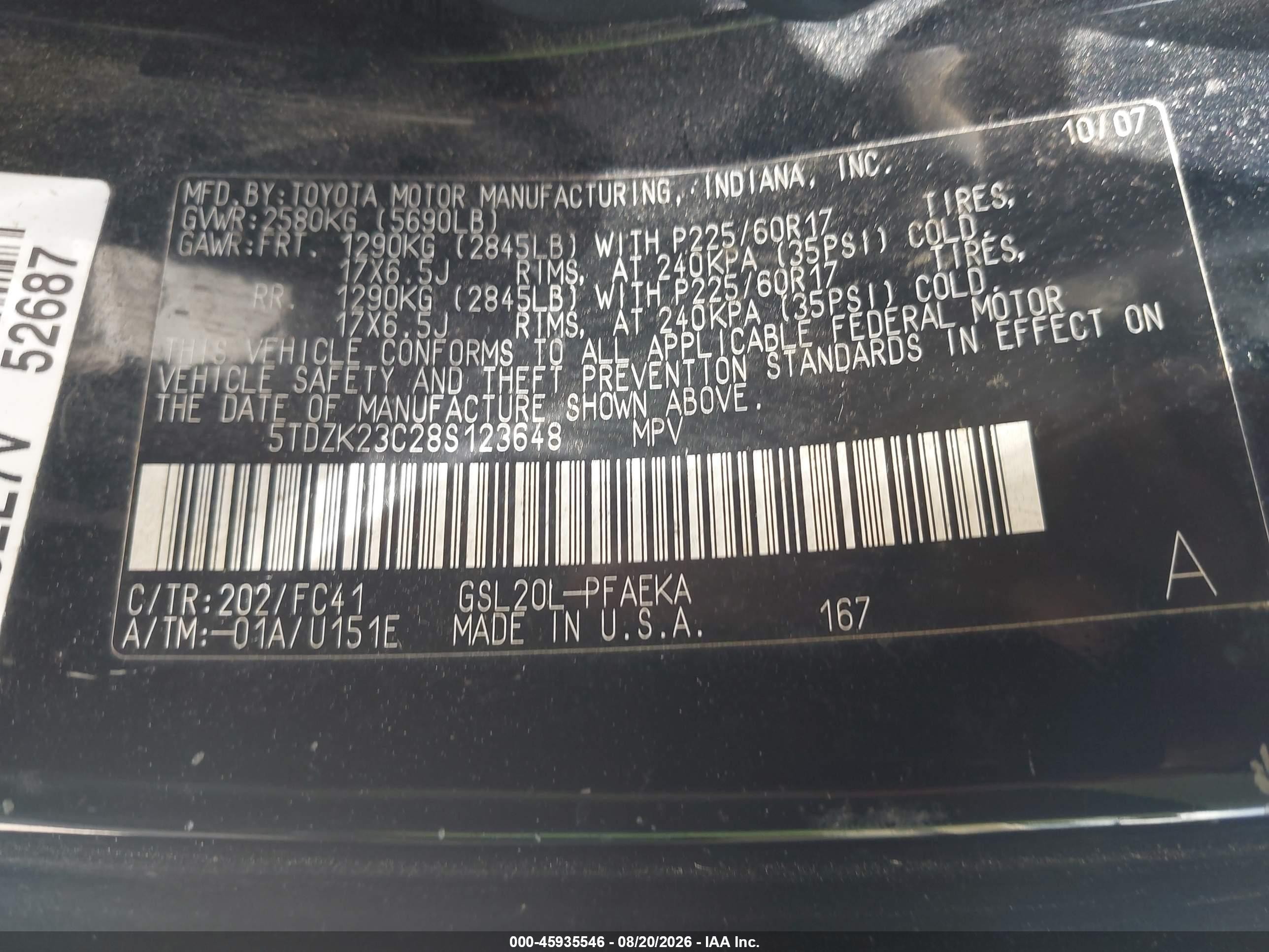 2008 Toyota Sienna Le Черный vin: 5TDZK23C28S123648