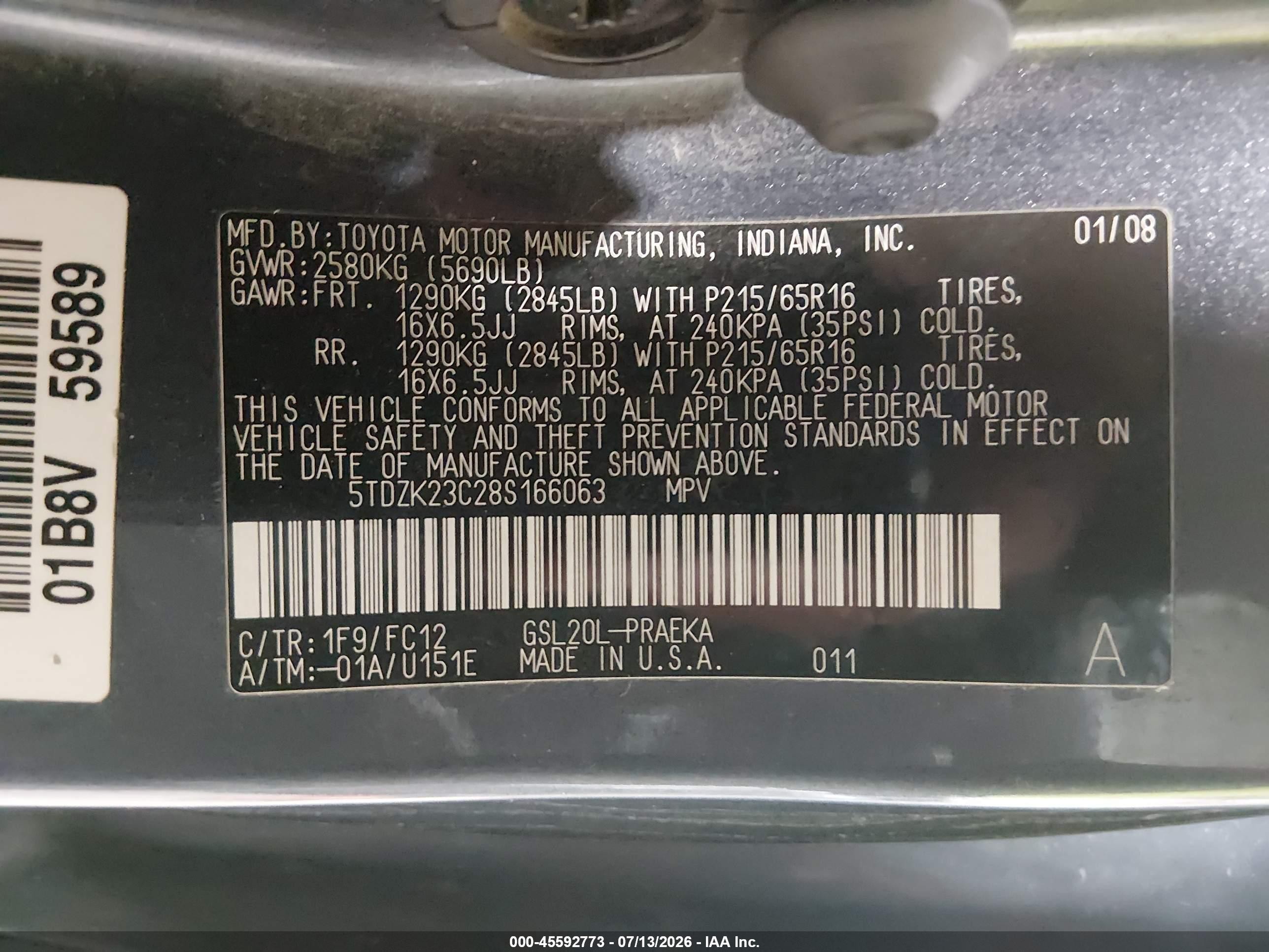 2008 Toyota Sienna Le Blue vin: 5TDZK23C28S166063