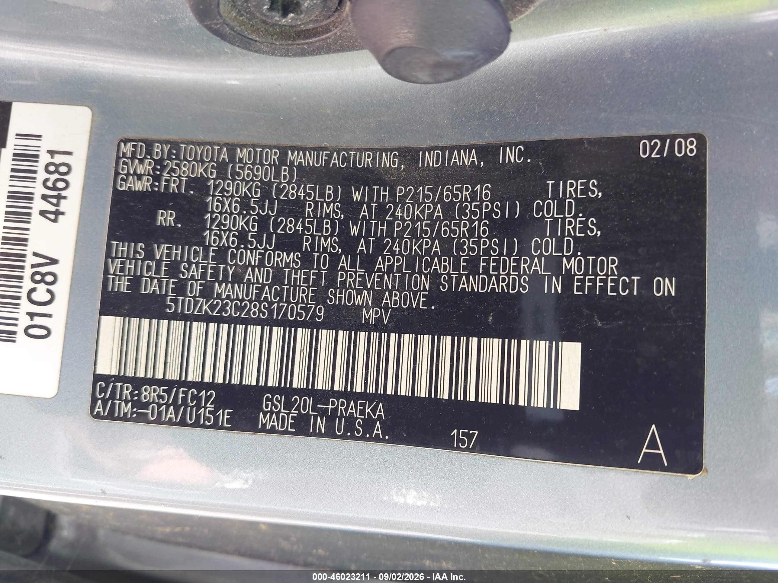 2008 Toyota Sienna Le Blue vin: 5TDZK23C28S170579