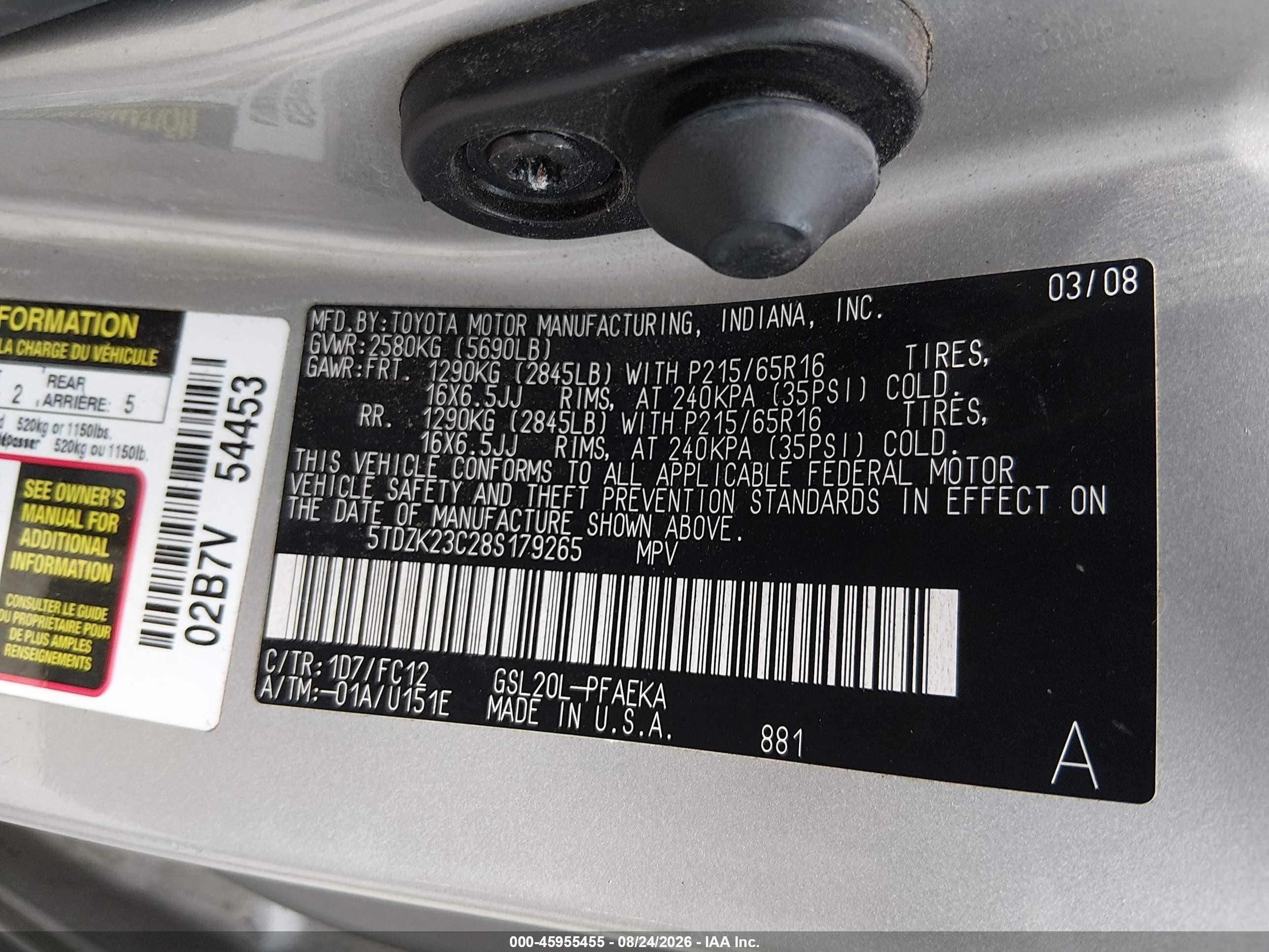 2008 Toyota Sienna Le Gold vin: 5TDZK23C28S179265