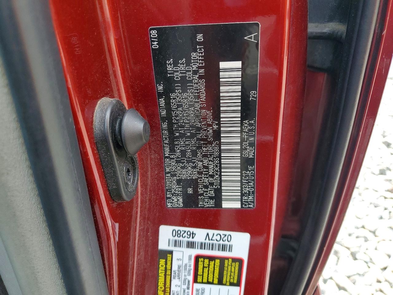 2008 Toyota Sienna Le 7-passenger Red vin: 5TDZK23C28S189875