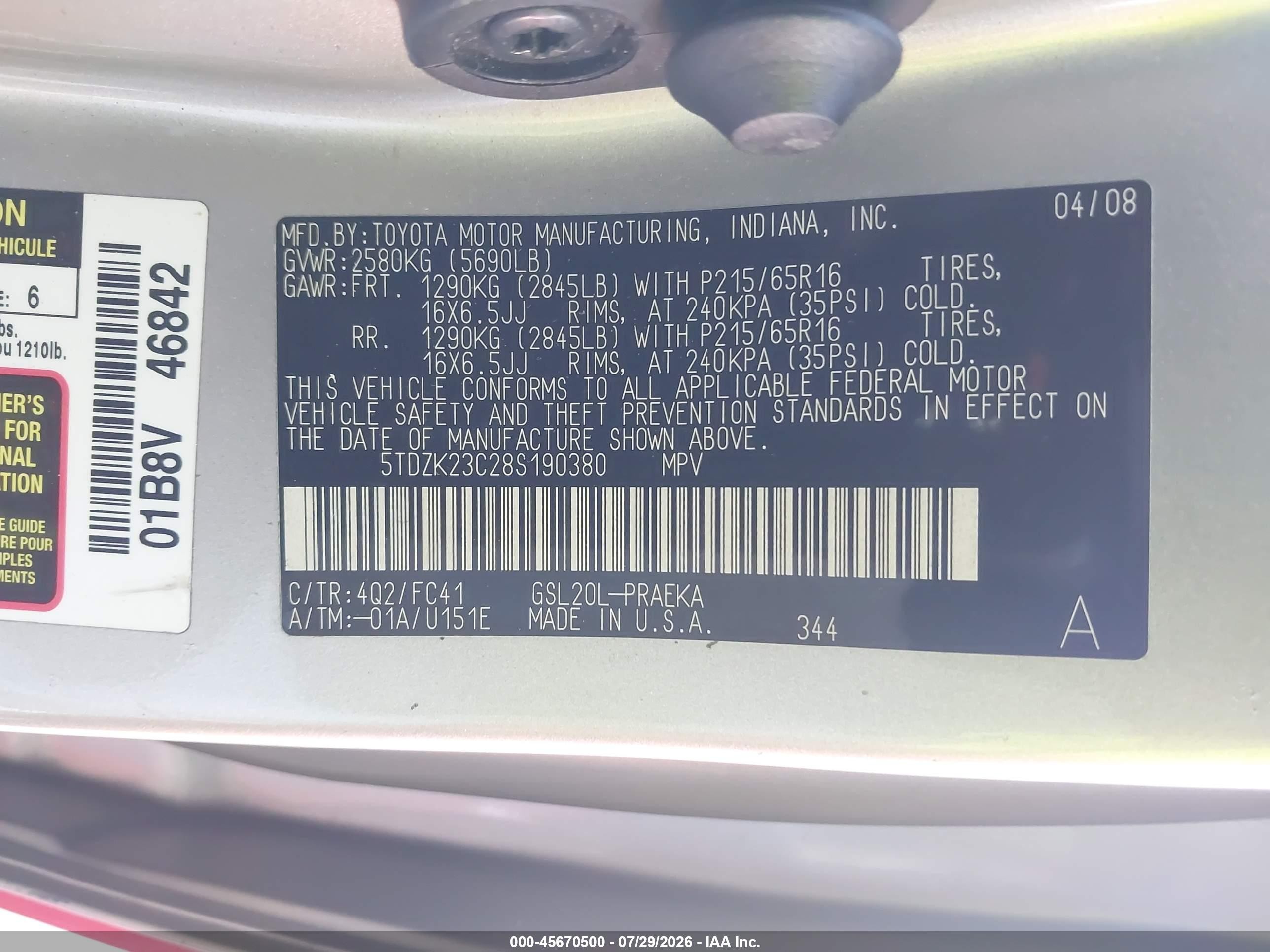 2008 Toyota Sienna Le Красный vin: 5TDZK23C28S190380