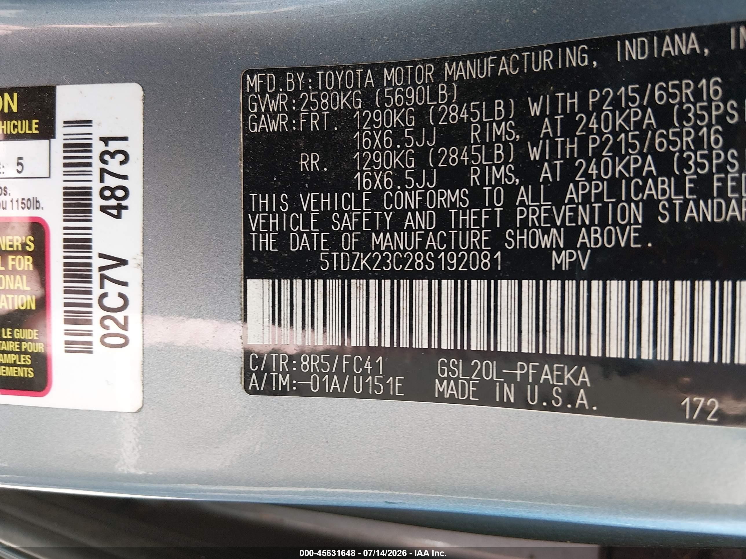 2008 Toyota Sienna Le Blue vin: 5TDZK23C28S192081