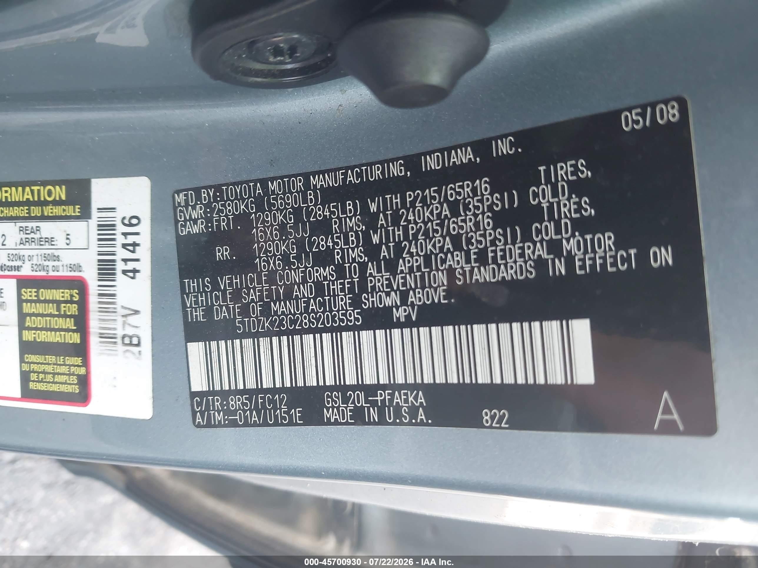 2008 Toyota Sienna Le Blue vin: 5TDZK23C28S203595