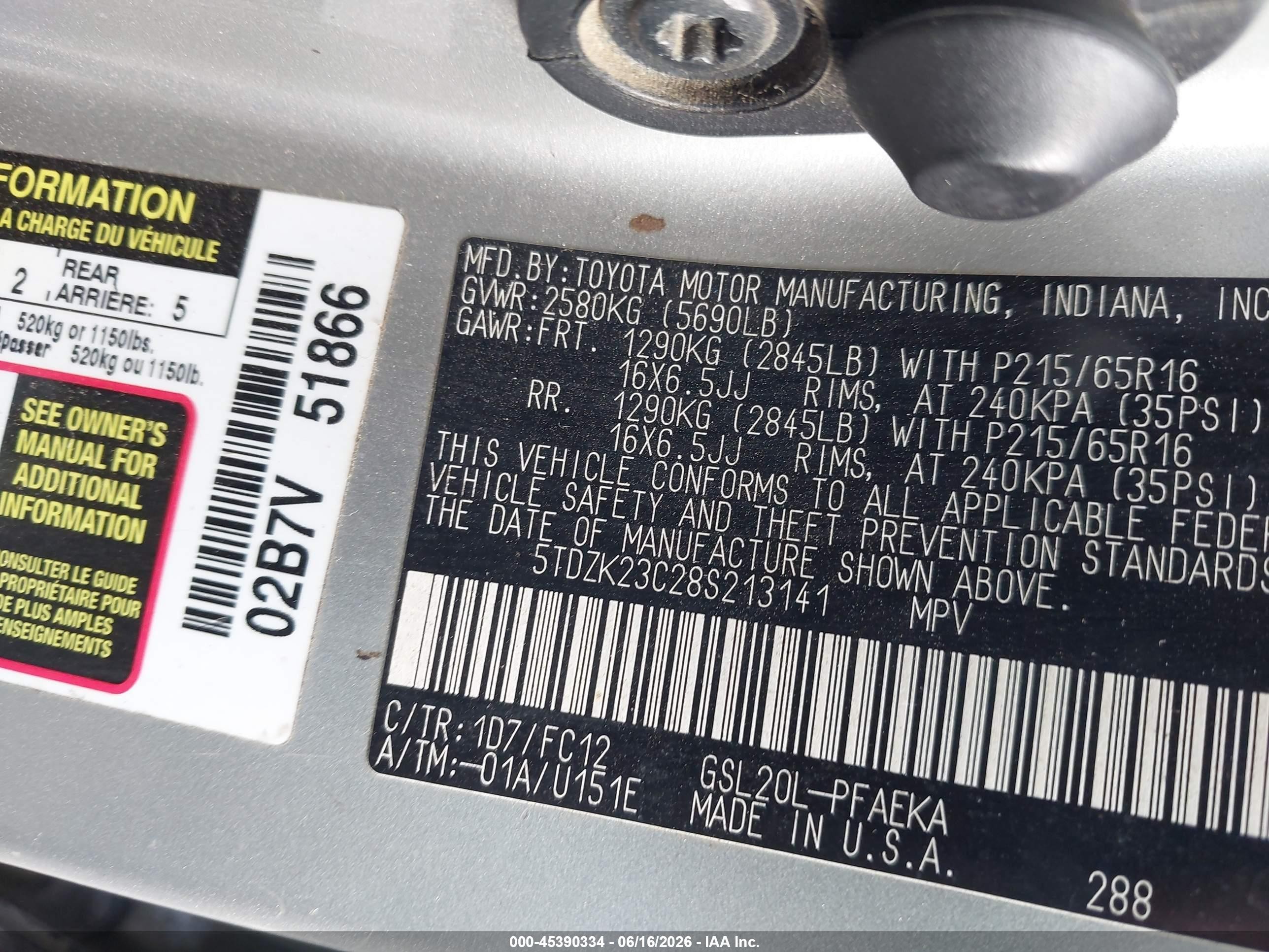 2008 Toyota Sienna Le Серебряный vin: 5TDZK23C28S213141