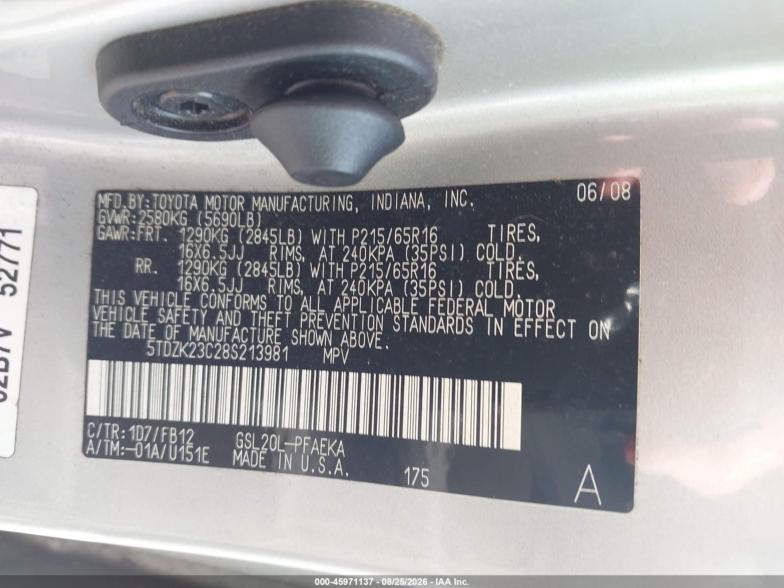 2008 Toyota Sienna Ce Silver vin: 5TDZK23C28S213981