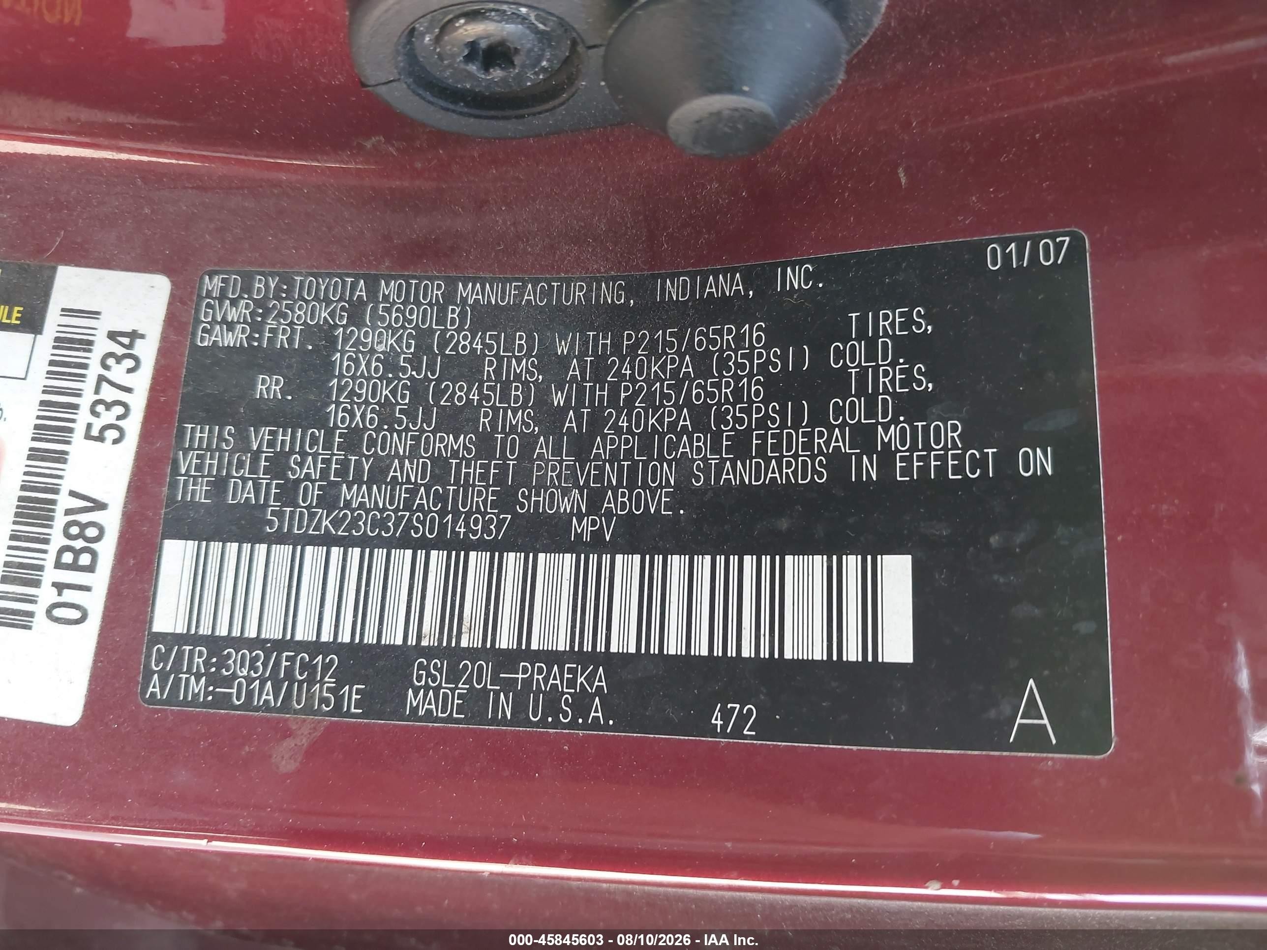 2007 Toyota Sienna Le Burgundy vin: 5TDZK23C37S014937