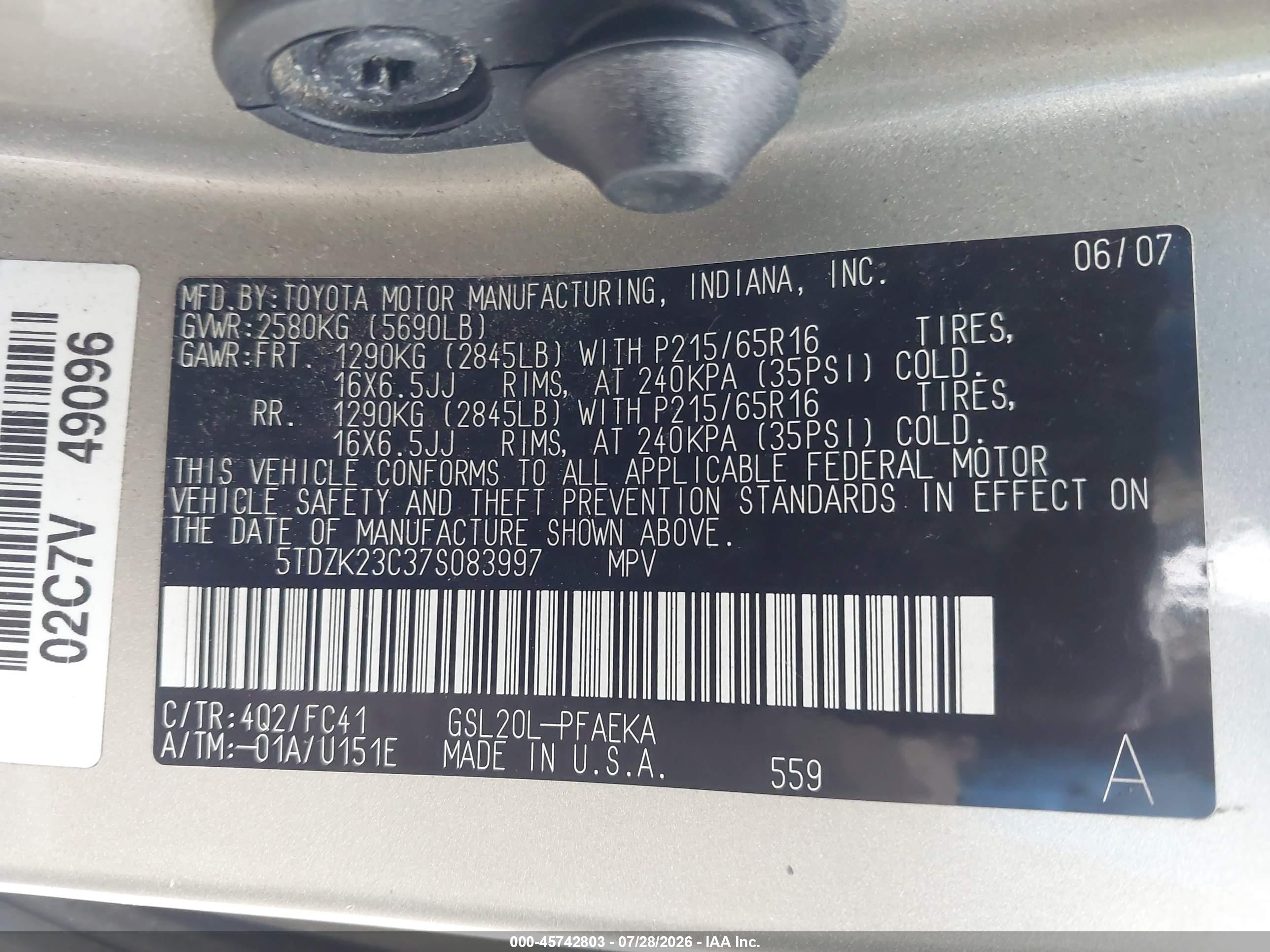 2007 Toyota Sienna Le Gold vin: 5TDZK23C37S083997