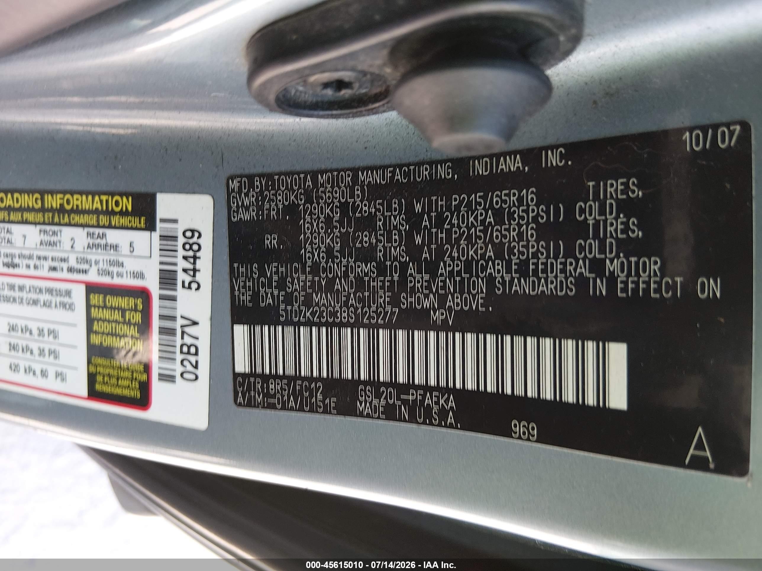 2008 Toyota Sienna Le Blue vin: 5TDZK23C38S125277