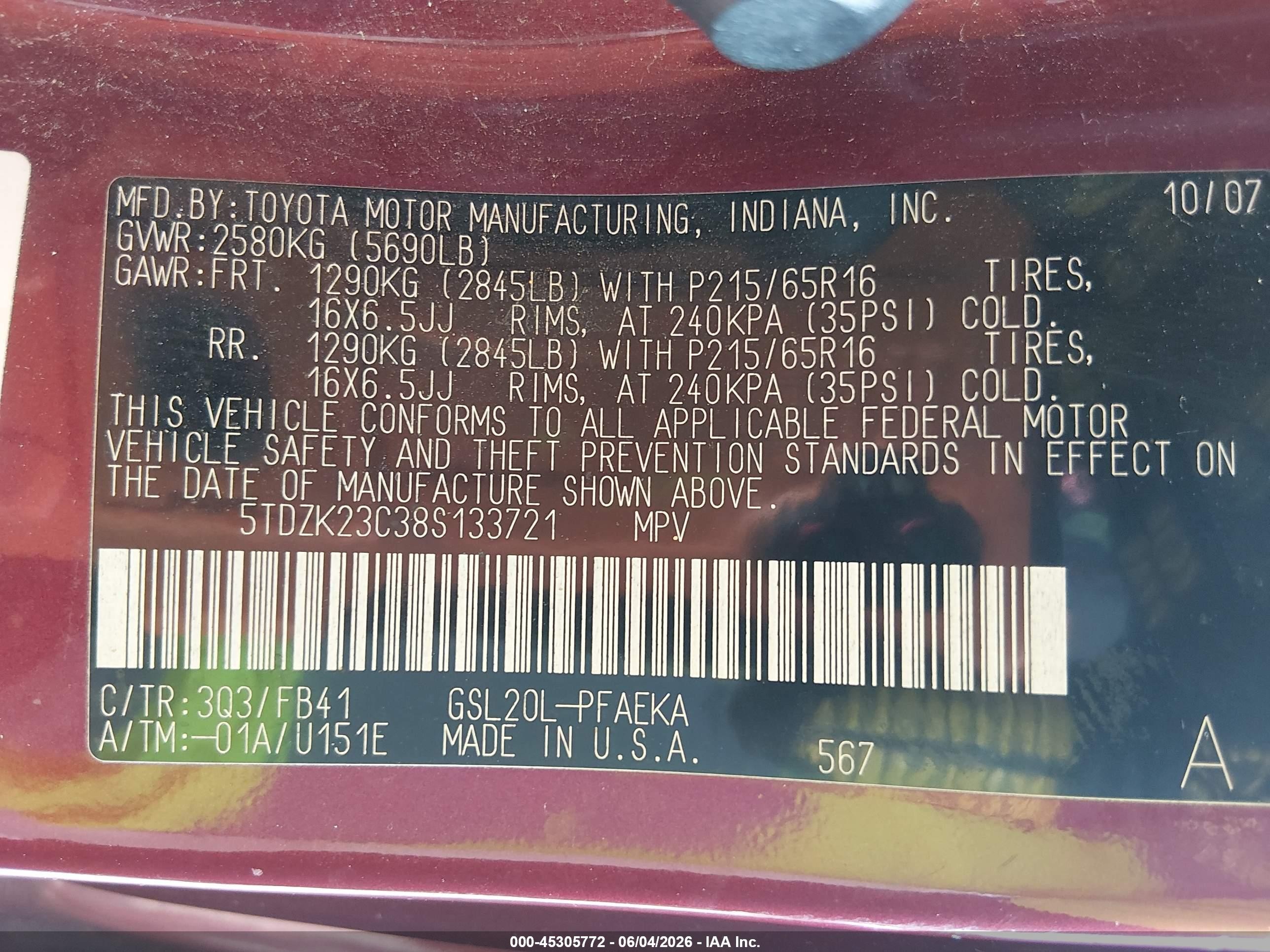 2008 Toyota Sienna Ce/le Red vin: 5TDZK23C38S133721