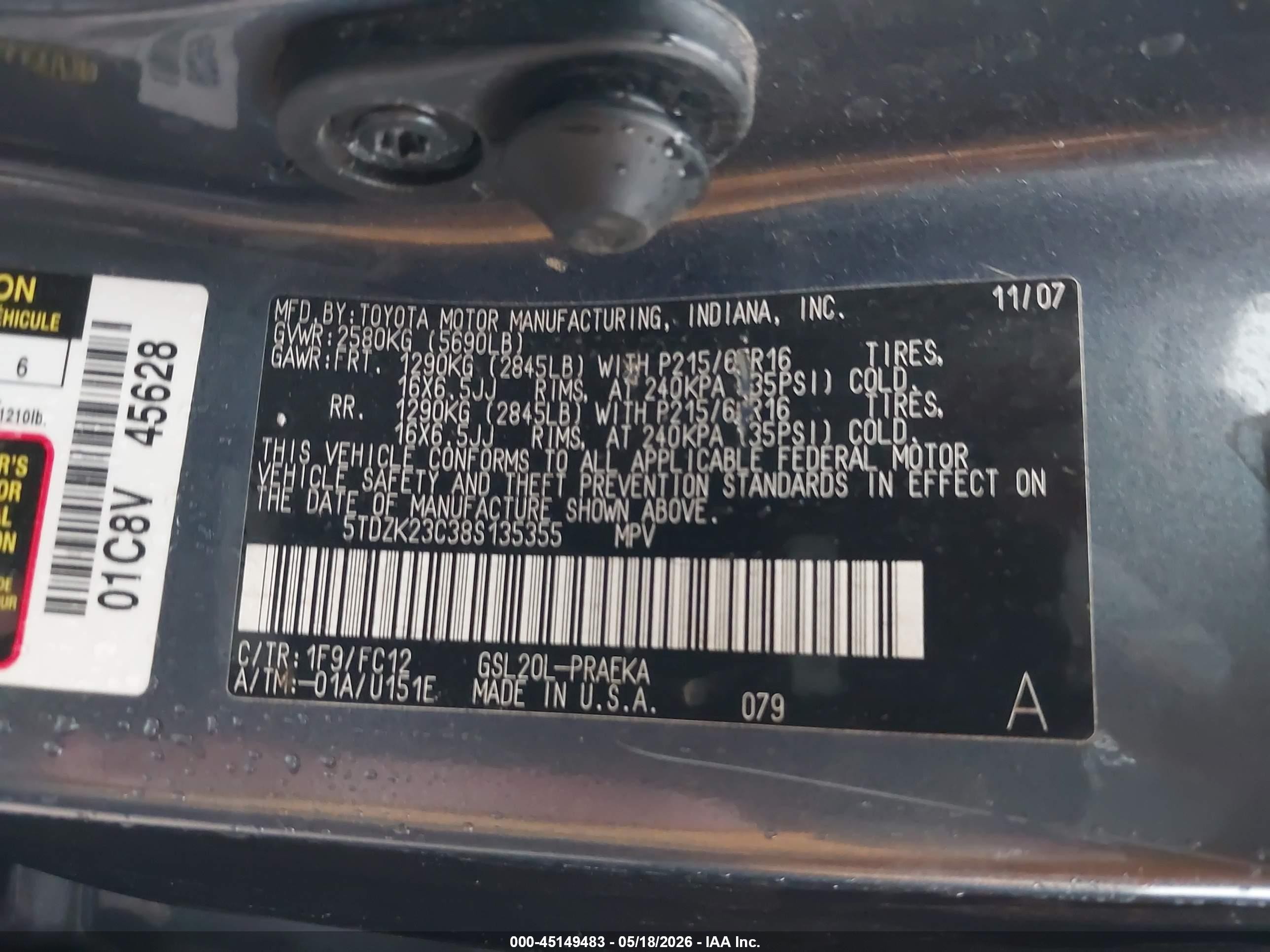 2008 Toyota Sienna Le Blue vin: 5TDZK23C38S135355