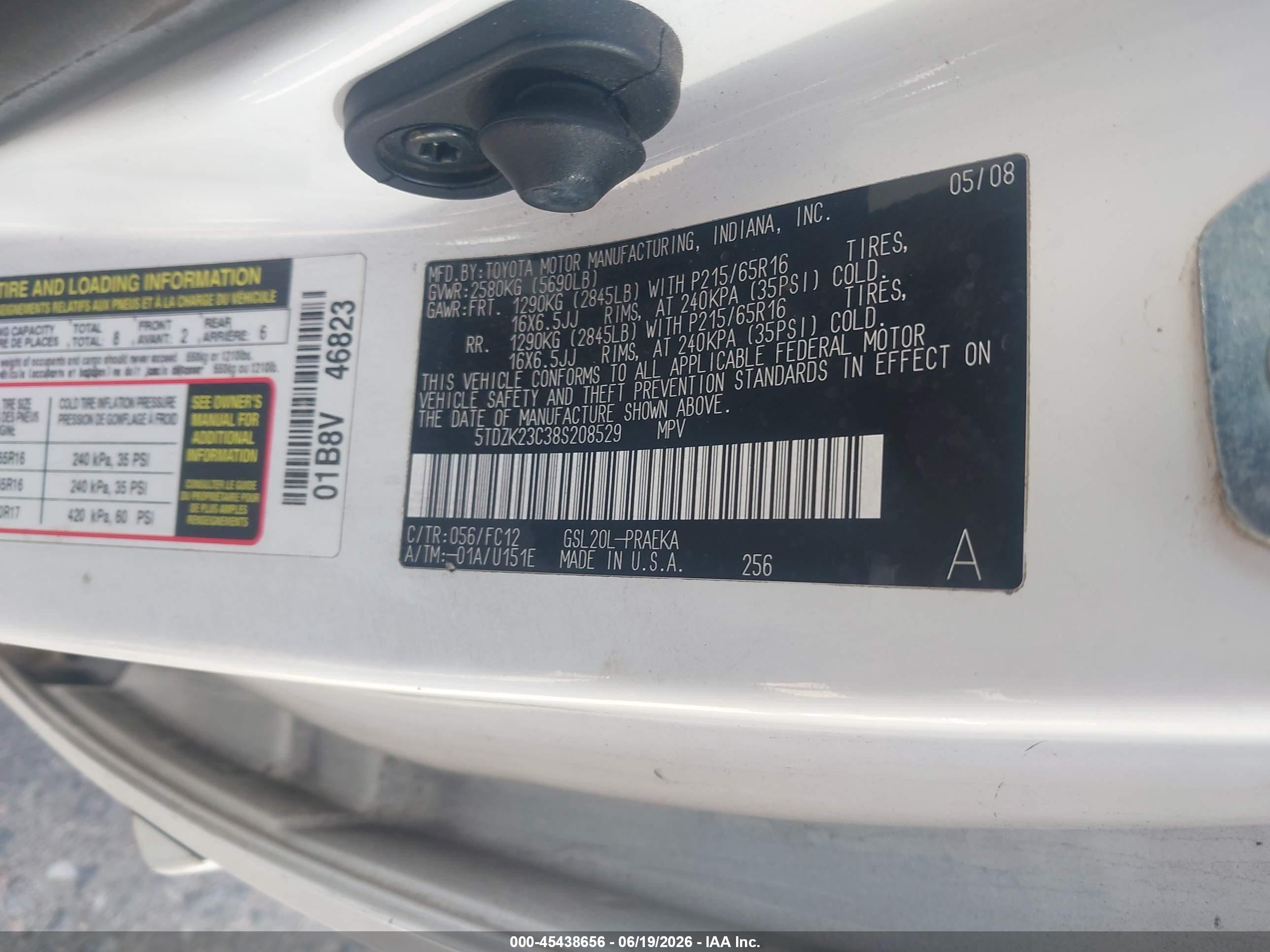 2008 Toyota Sienna Le White vin: 5TDZK23C38S208529