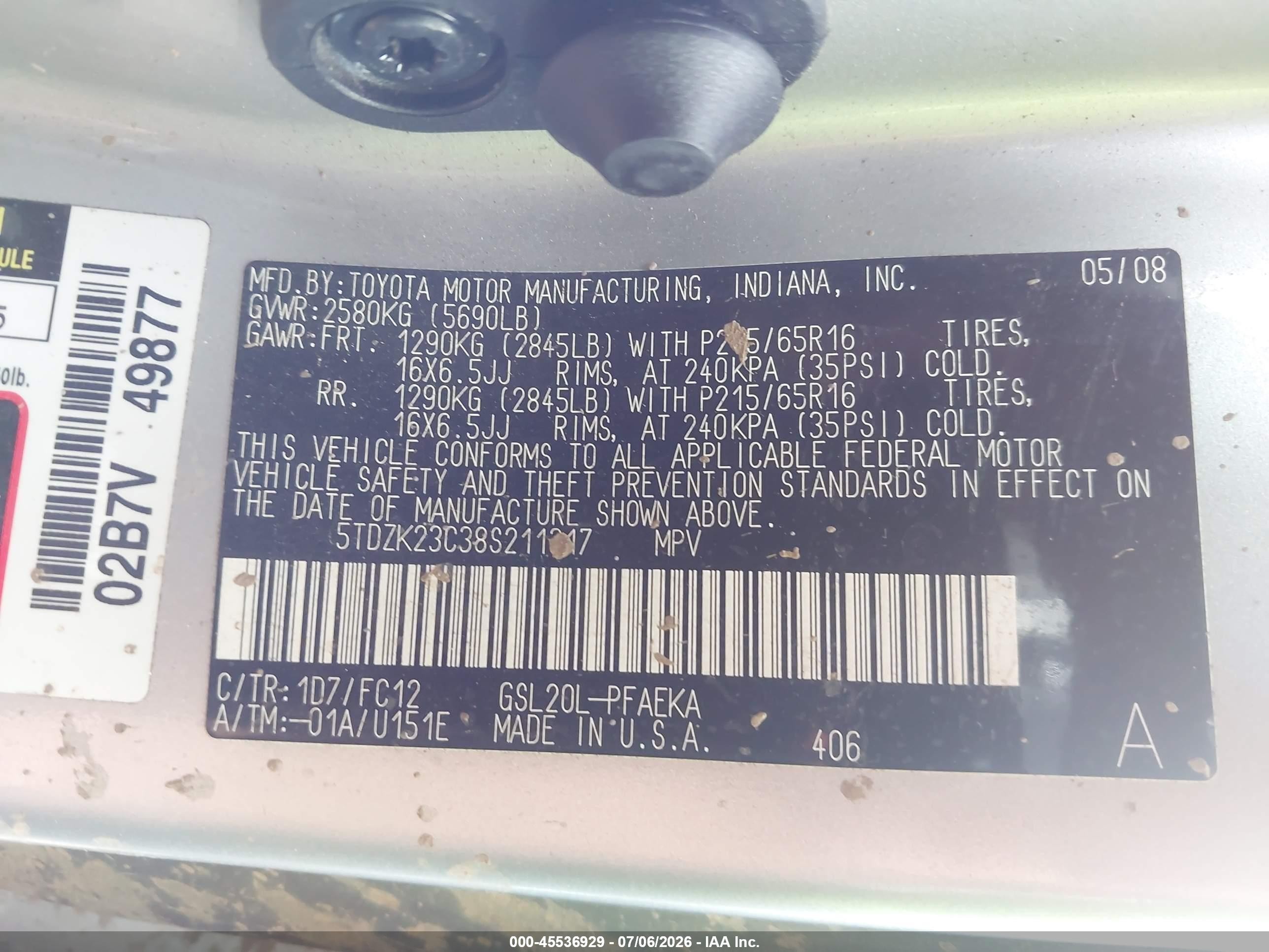 2008 Toyota Sienna Le Silver vin: 5TDZK23C38S211317