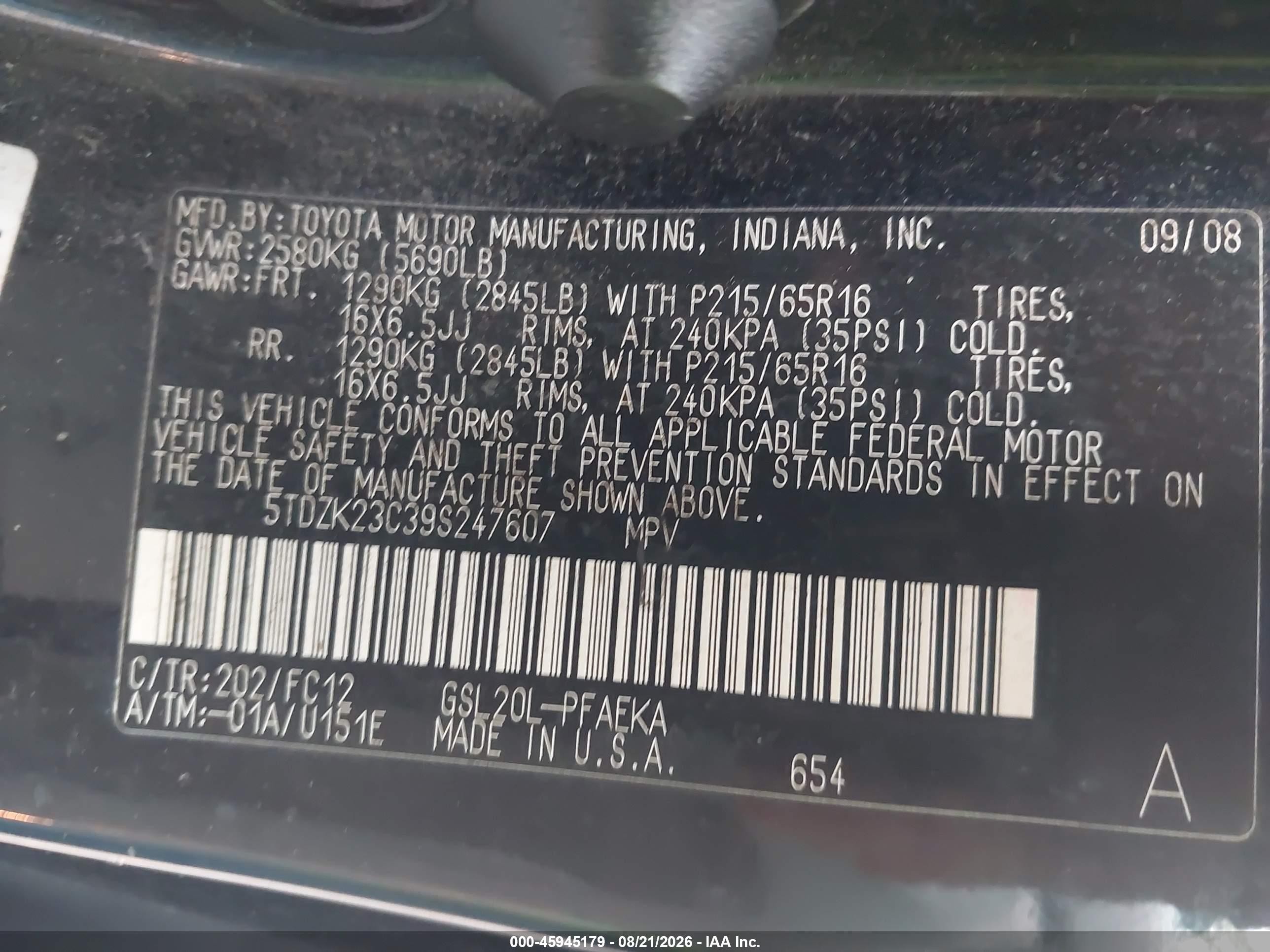 2009 Toyota Sienna Le Black vin: 5TDZK23C39S247607