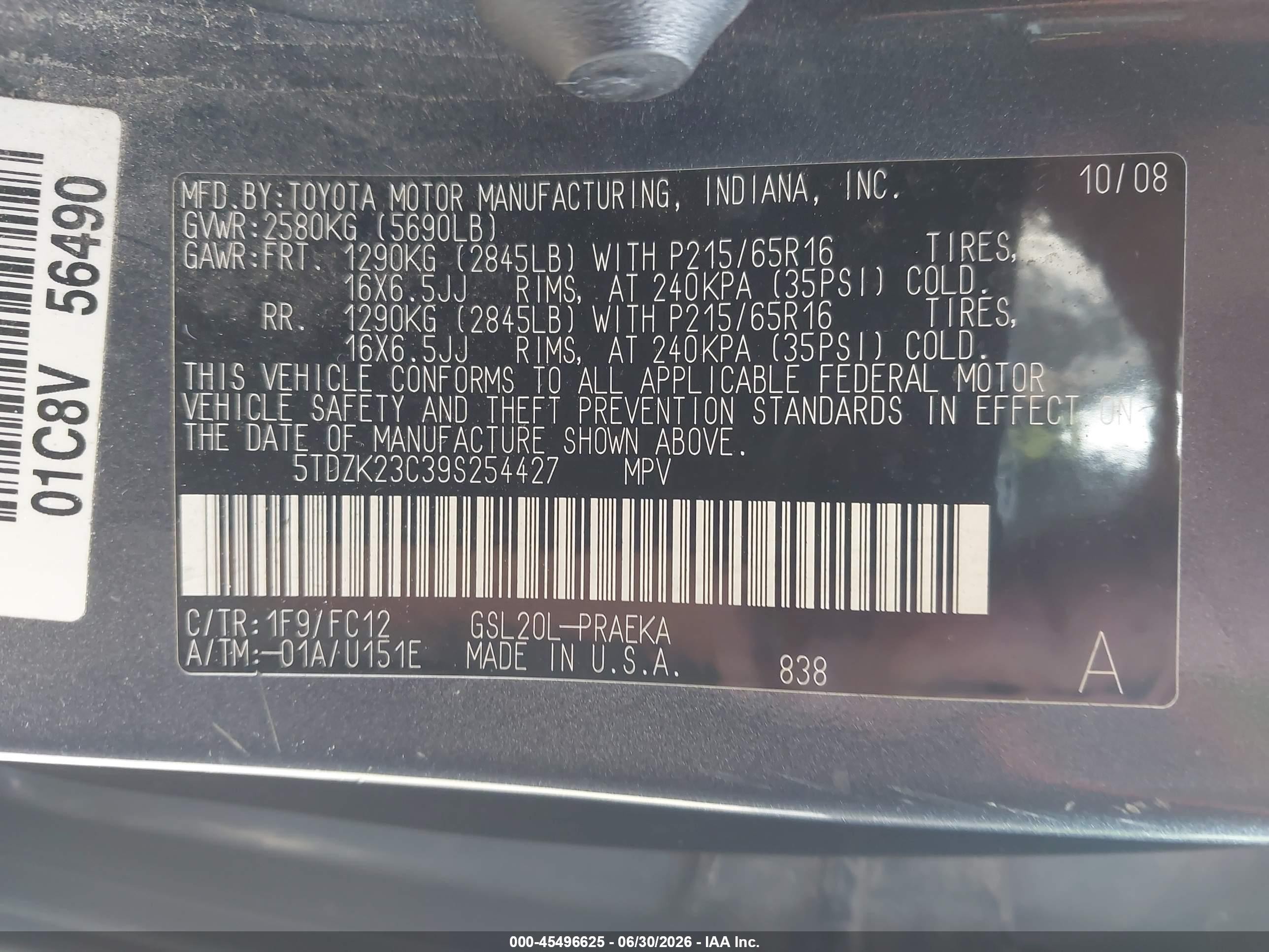 2009 Toyota Sienna Le Gray vin: 5TDZK23C39S254427