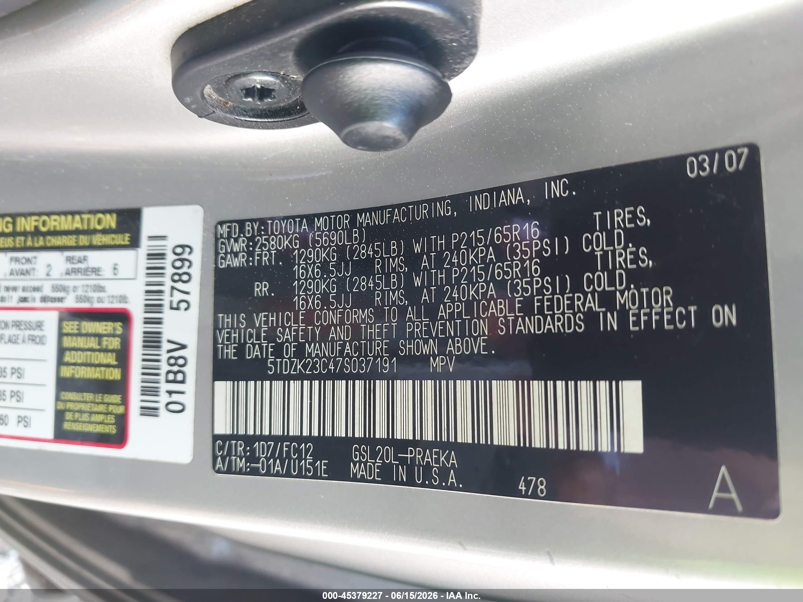 2007 Toyota Sienna Le Silver vin: 5TDZK23C47S037191