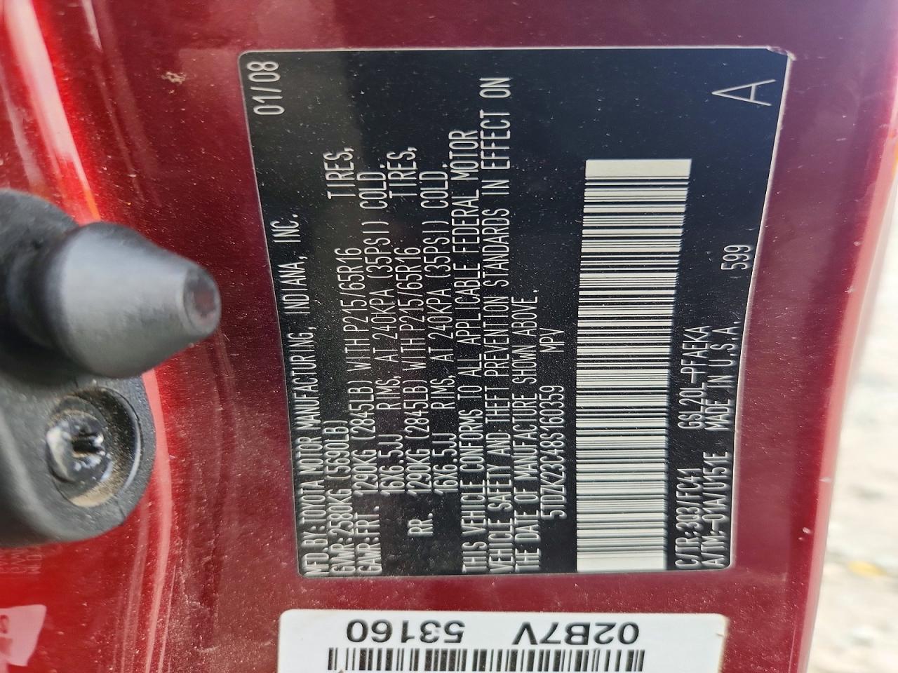 2008 Toyota Sienna Le 7-passenger Red vin: 5TDZK23C48S160359
