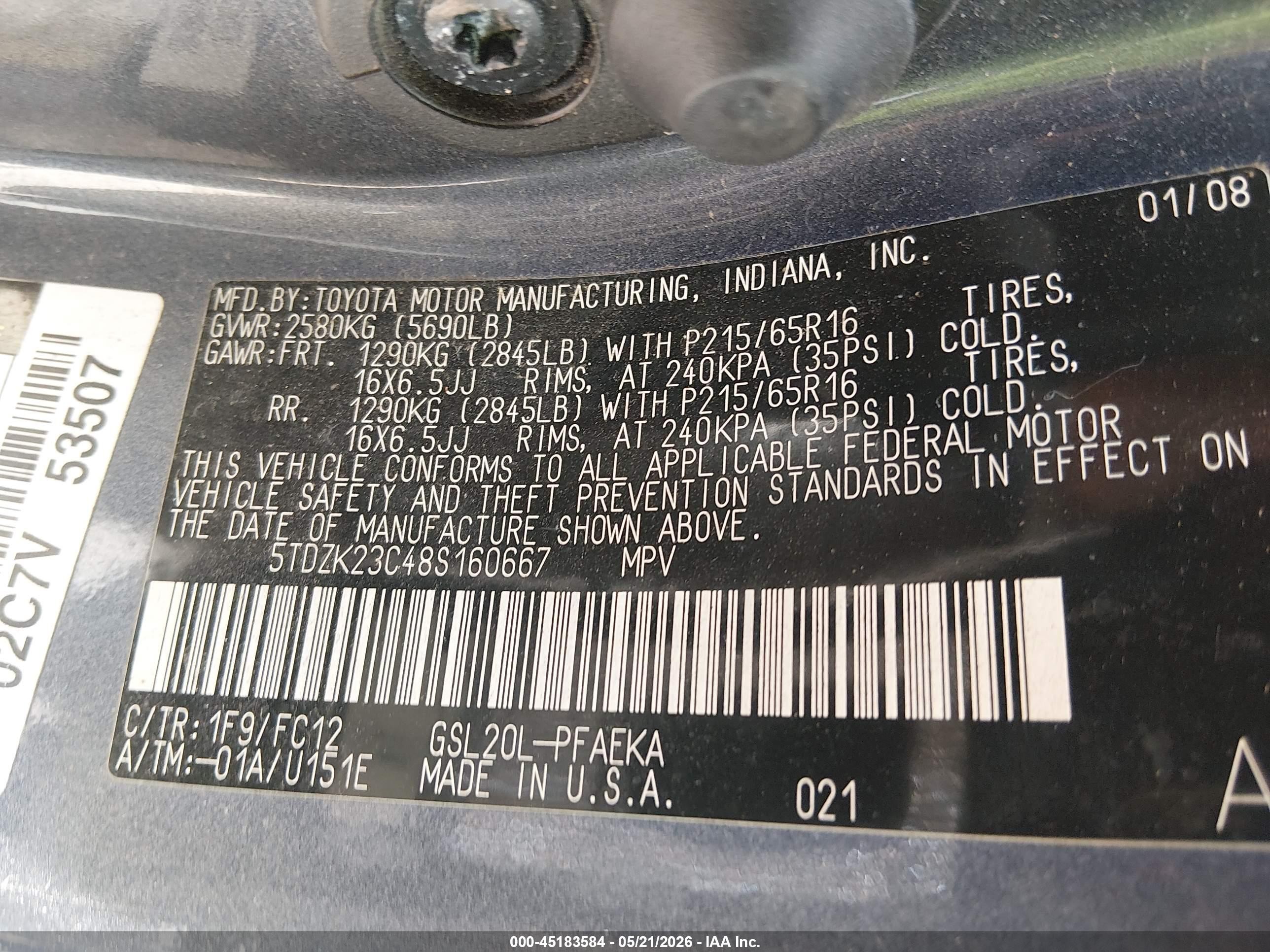 2008 Toyota Sienna Le Blue vin: 5TDZK23C48S160667