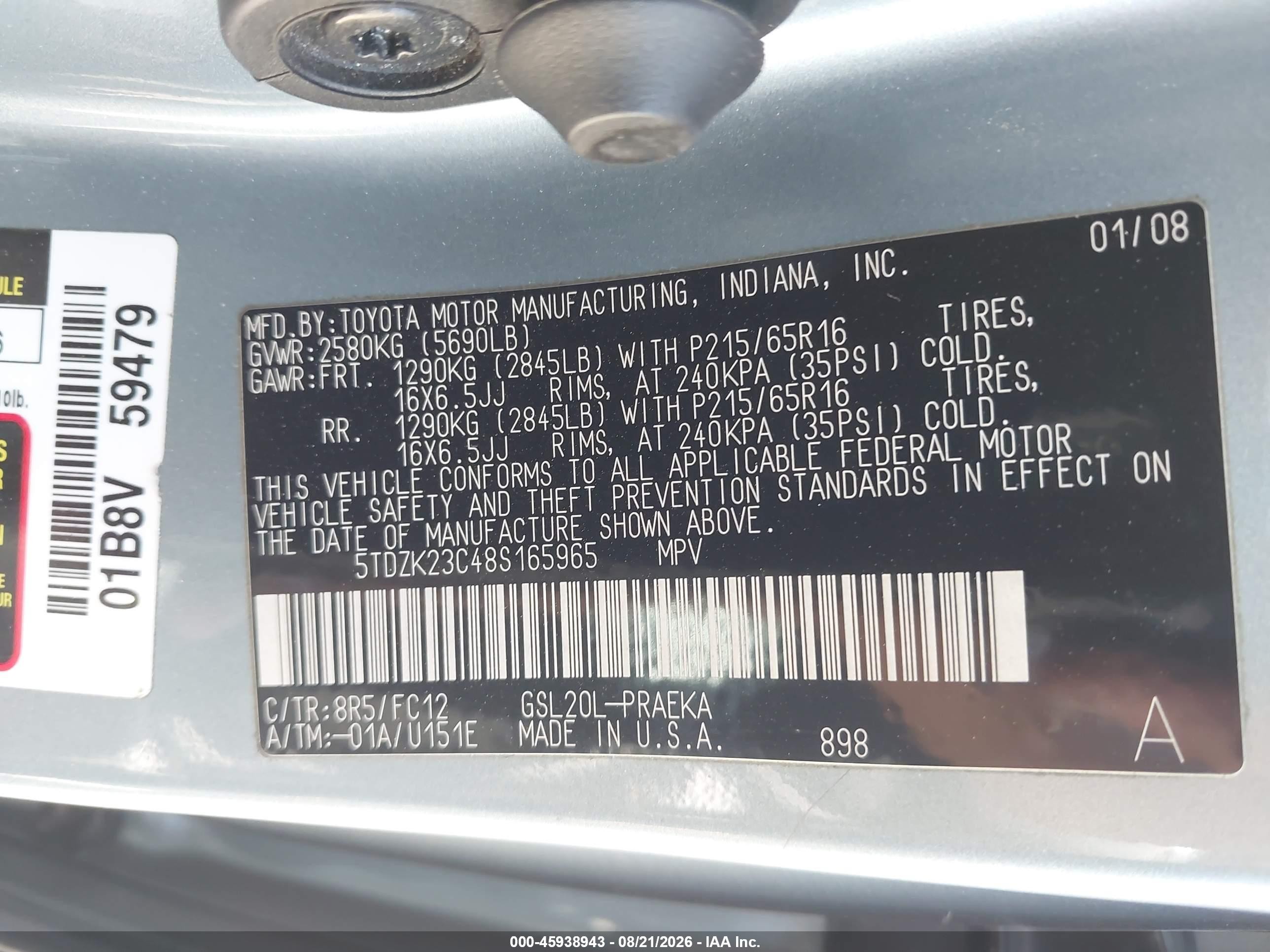 2008 Toyota Sienna Le Silver vin: 5TDZK23C48S165965