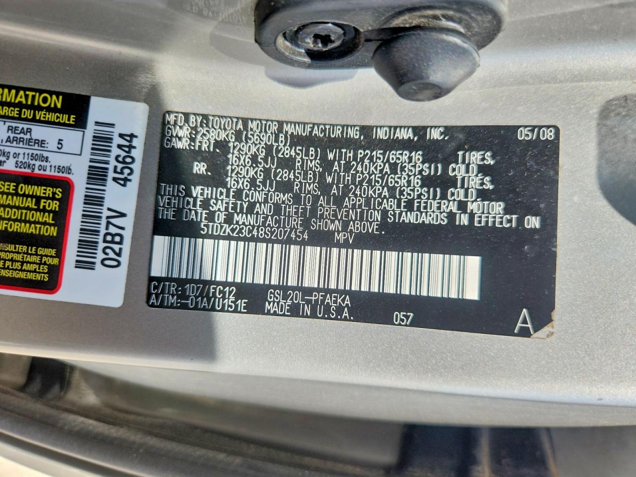 2008 Toyota Sienna Le 7-passenger Silver vin: 5TDZK23C48S207454