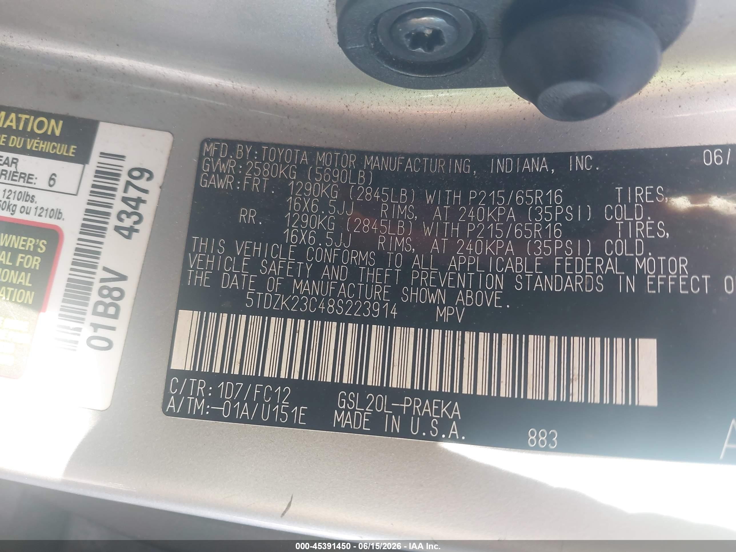 2008 Toyota Sienna Le Gray vin: 5TDZK23C48S223914
