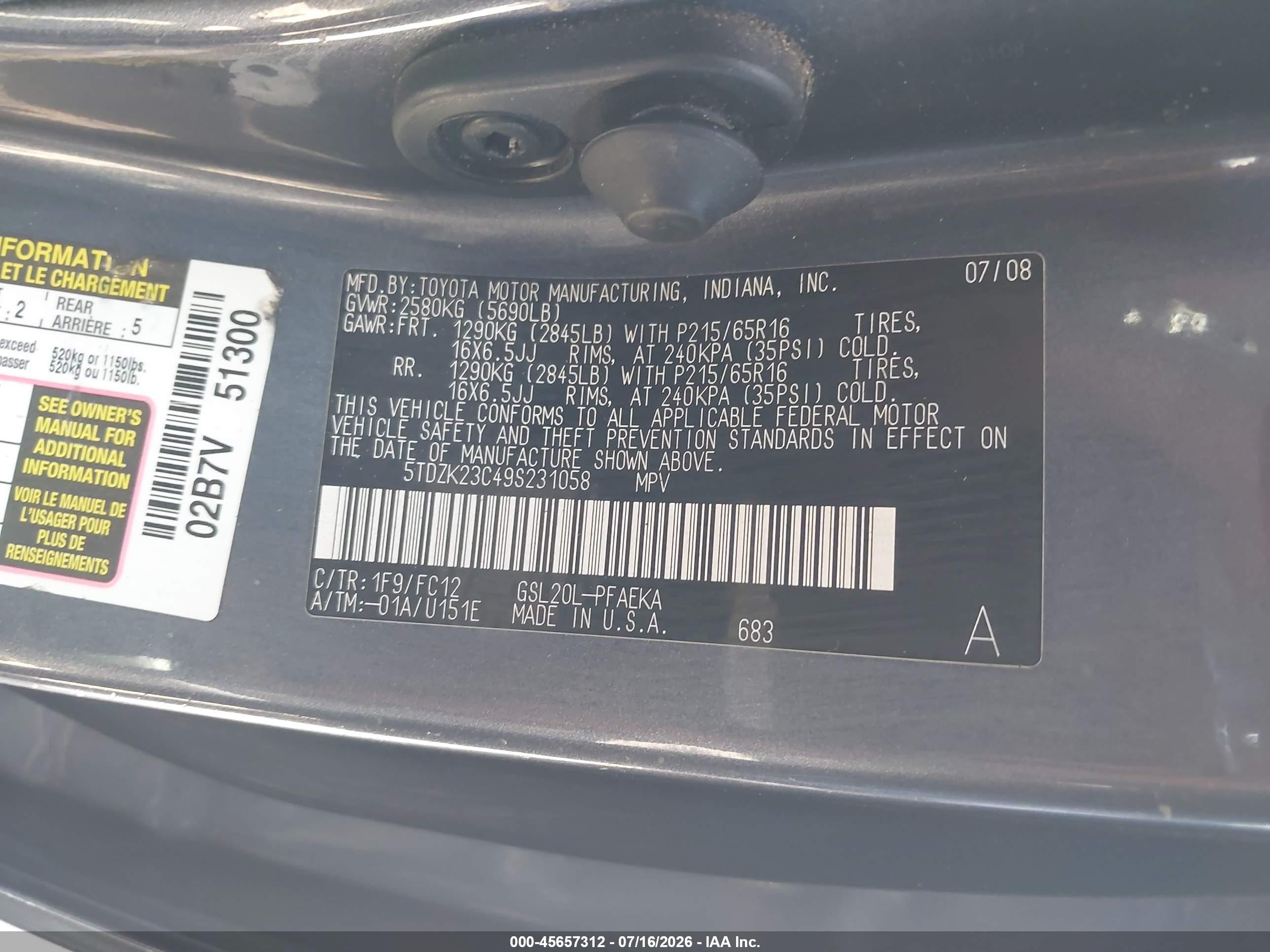2009 Toyota Sienna Le Gray vin: 5TDZK23C49S231058