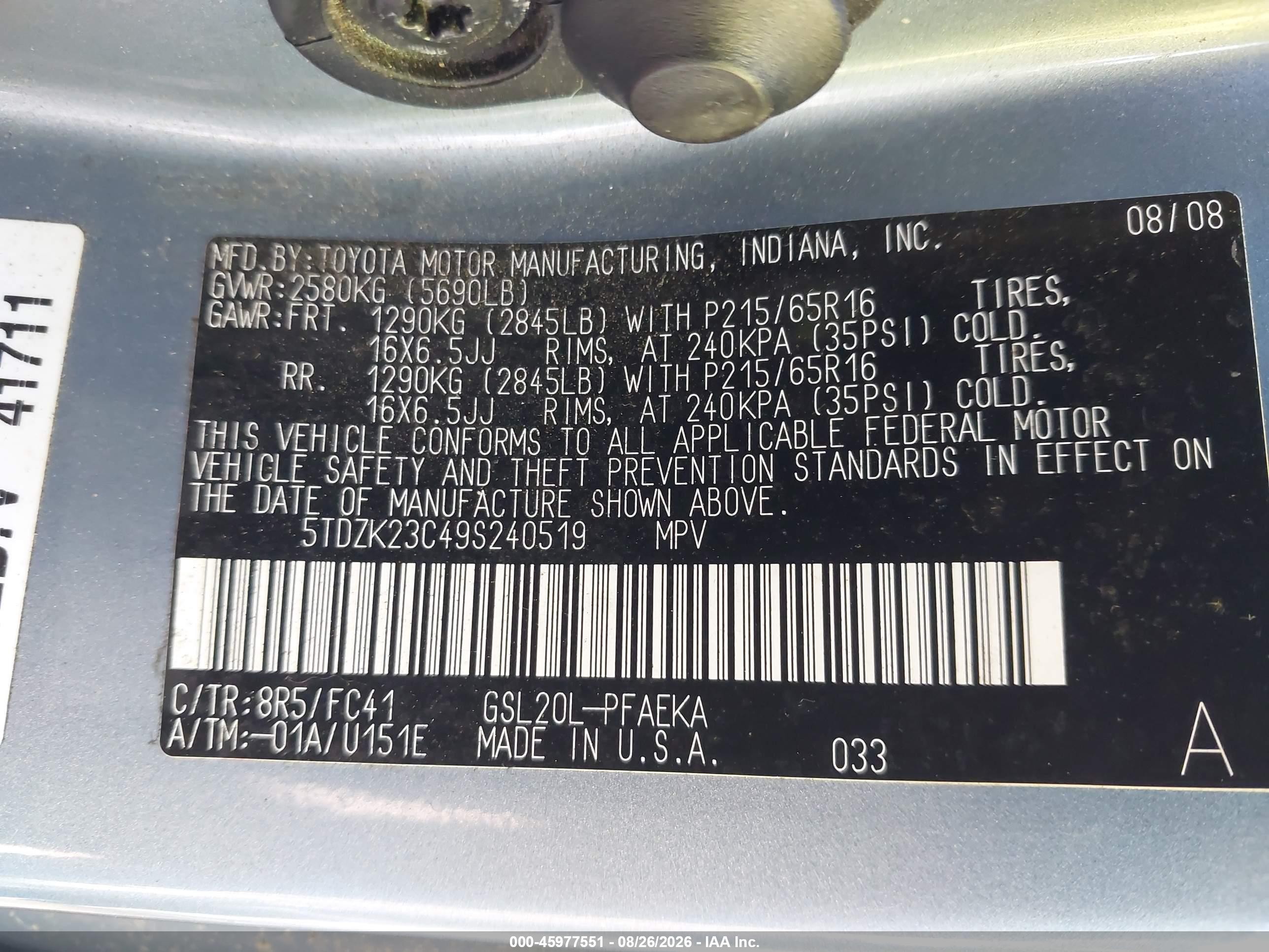 2009 Toyota Sienna Le Light Blue vin: 5TDZK23C49S240519