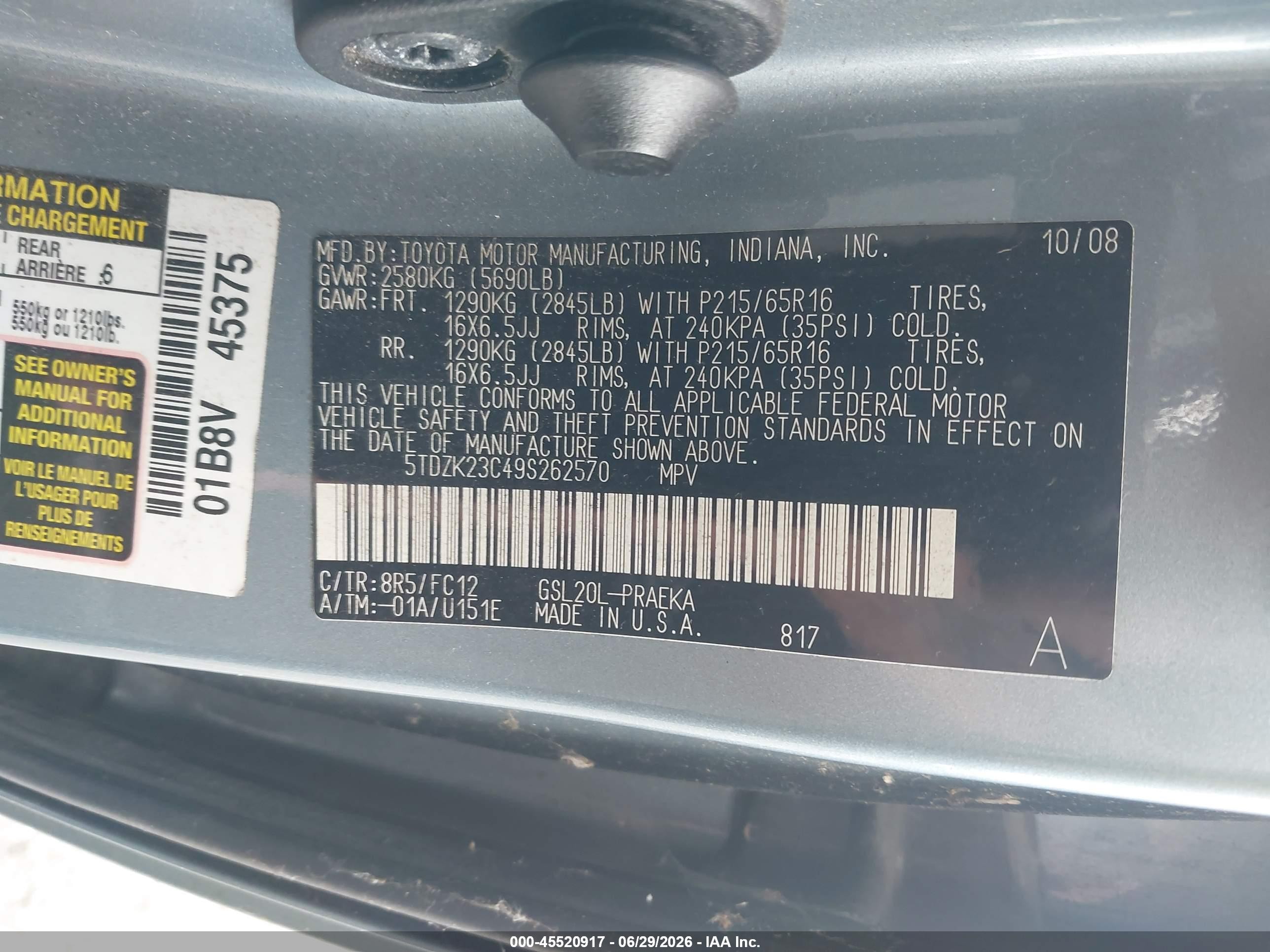 2009 Toyota Sienna Le Light Blue vin: 5TDZK23C49S262570